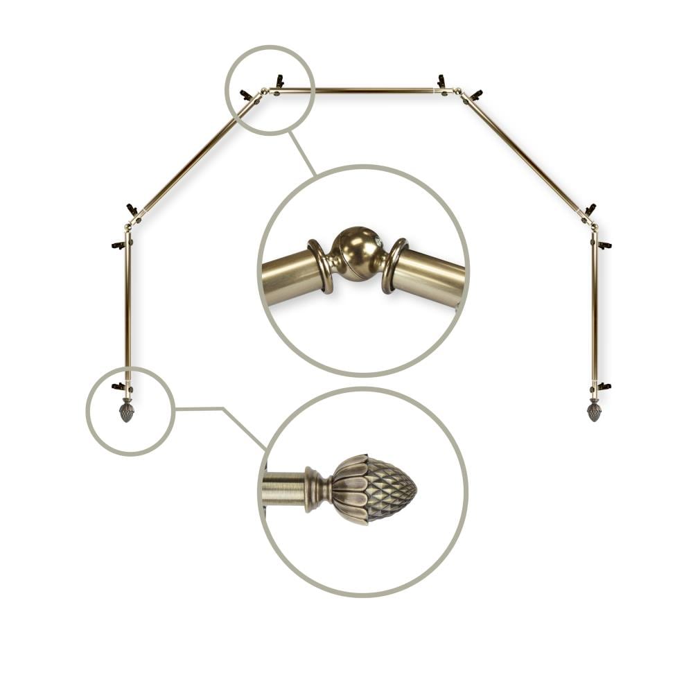 Hart & Harlow L5BAY-67-4 Penelope 13/16-in 5-sided 28-in to 48-in Antique brass Steel Bay window curtain rod with Finials