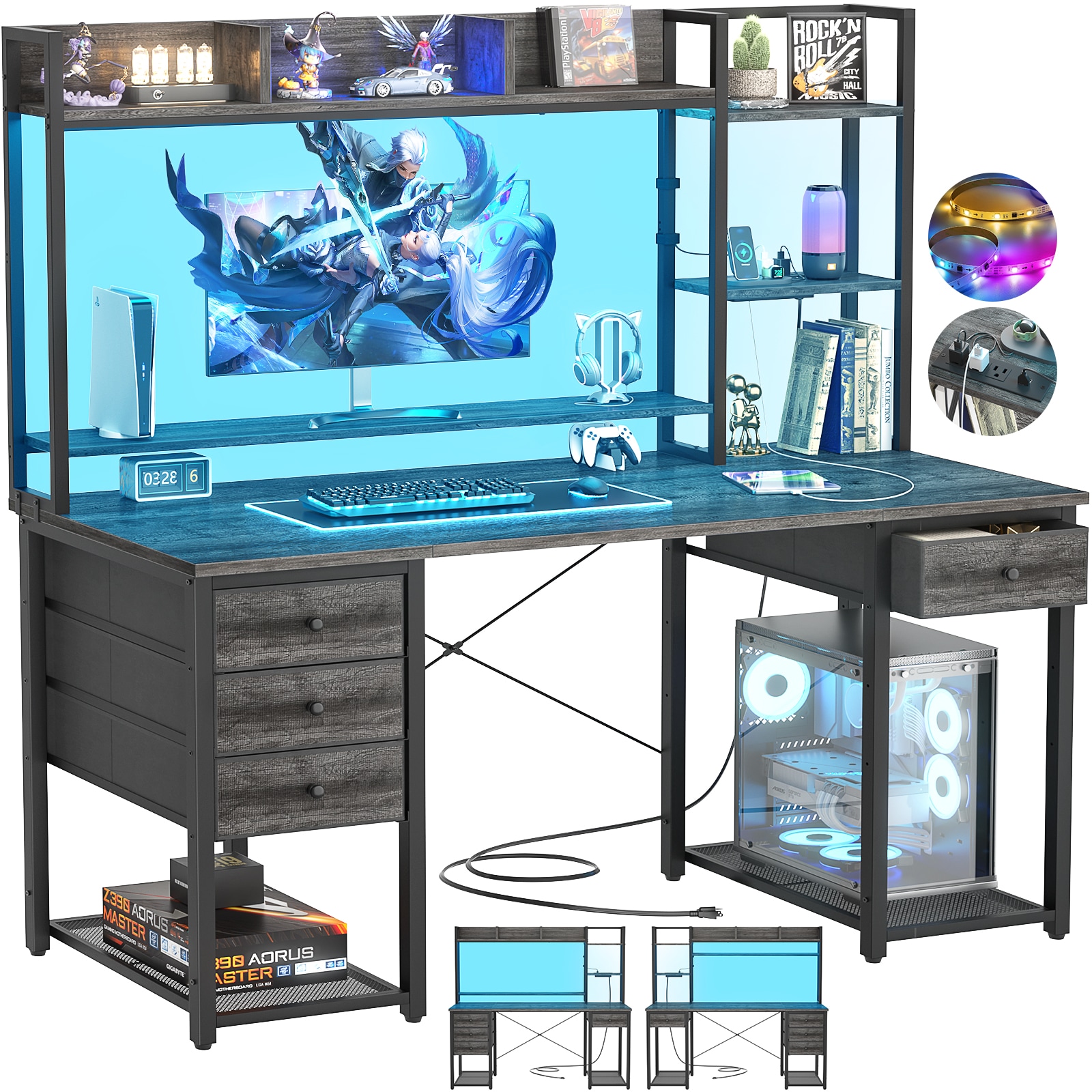 Aheaplus  47.2-in W Black Oak Computer Desk Gaming Desk with LED and Outlets Hutch Drawers Storage Bookshelf