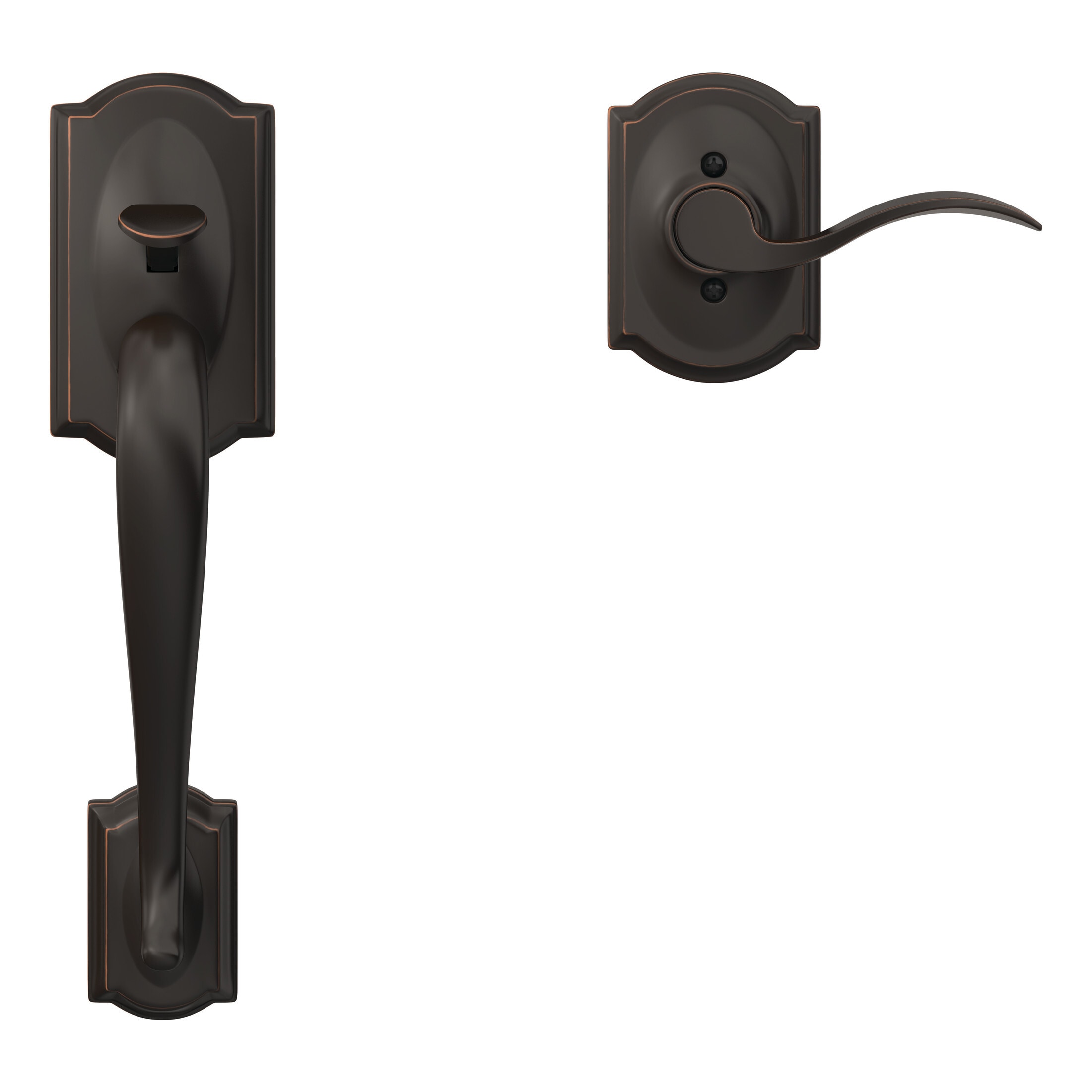 Schlage Camelot Aged Bronze Entry Door Handleset with Accent Lever
