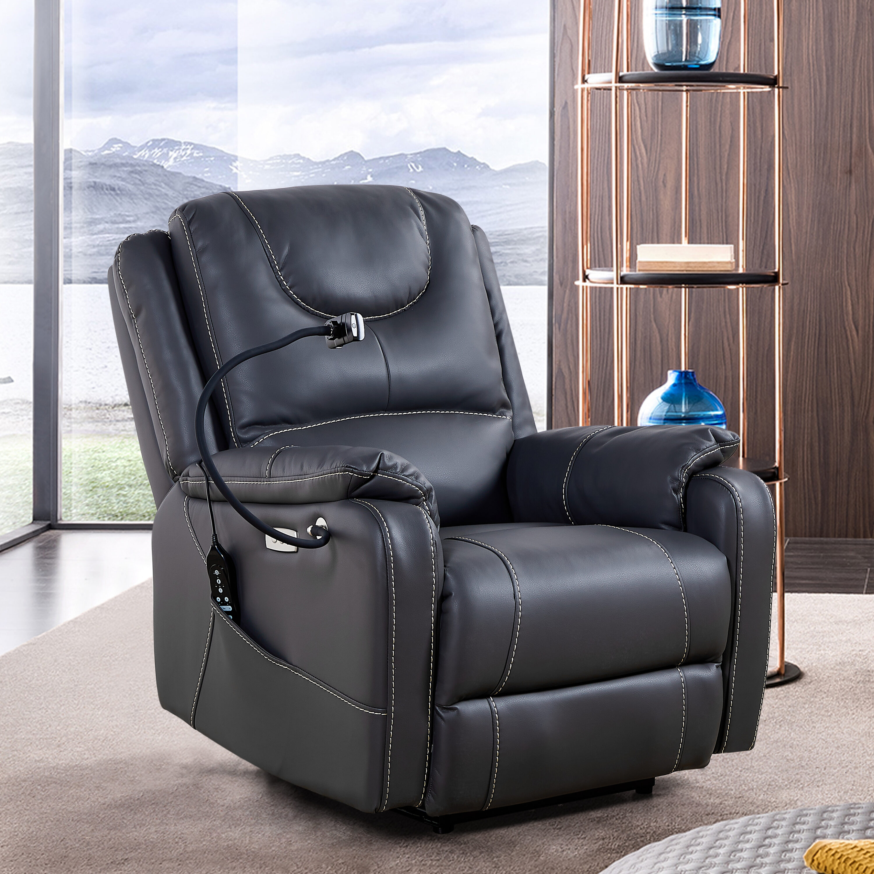 GDFStudio Liyasi Zero Gravity Power Recliner with Heat Massage and USB Charge Ports-Black