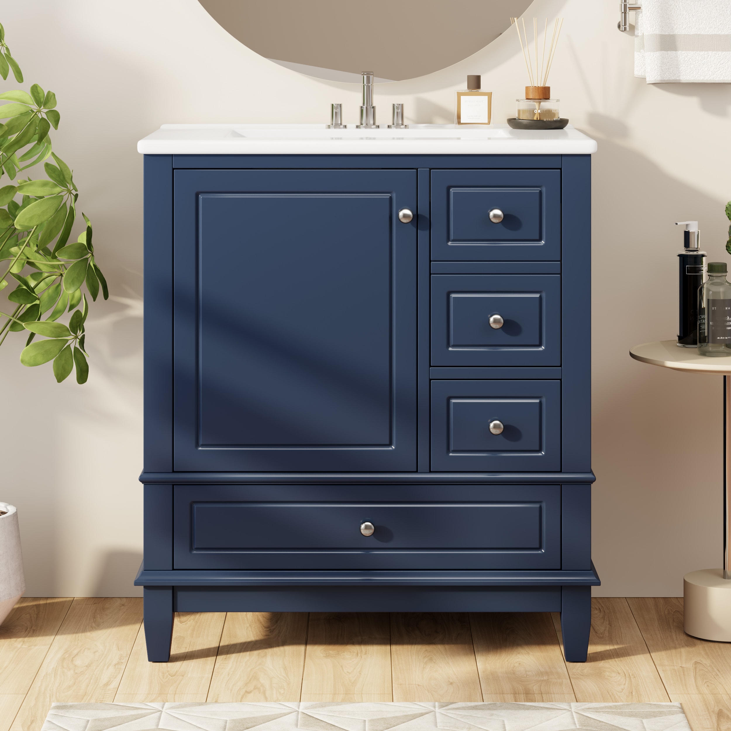 PexFix 30-in W Blue Bathroom Vanity with Sink One Door with Shelf and Three Drawers Soft Close Door