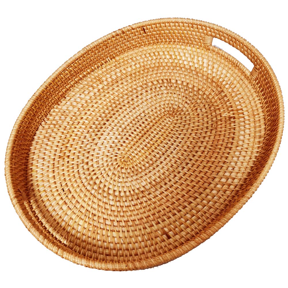 Aoibox  Natural Brown Rattan Oval Serving Tray with Handles 17 in x 13 in Woven Food Storage Basket