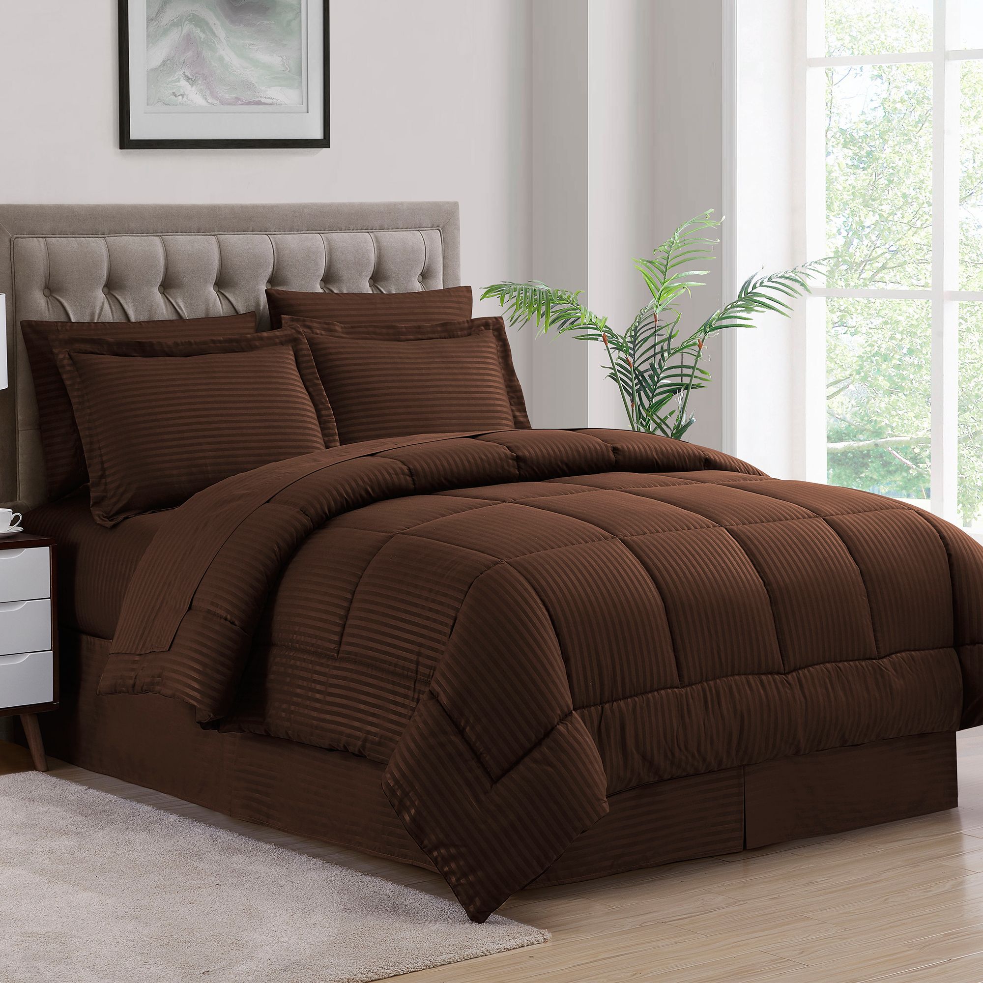 Sweet Home Collection 8 Piece Embossed Dobby Stripe All Season Bed in a Bag Set King Chocolate