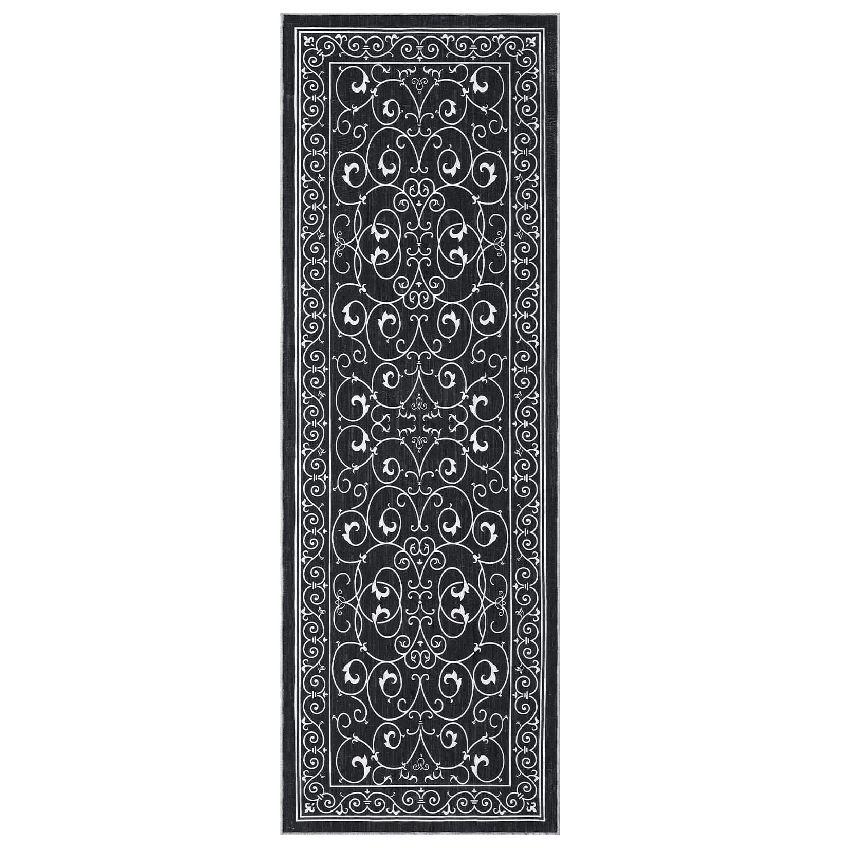 Qeetex LSN-PHO-14EEISDE 2 x 6 ft Polyester Belgian Velvet Black Rectangular Hallway Bathroom Entryway Kitchen Office Foldable Line Printed Modern Washable Area Rug