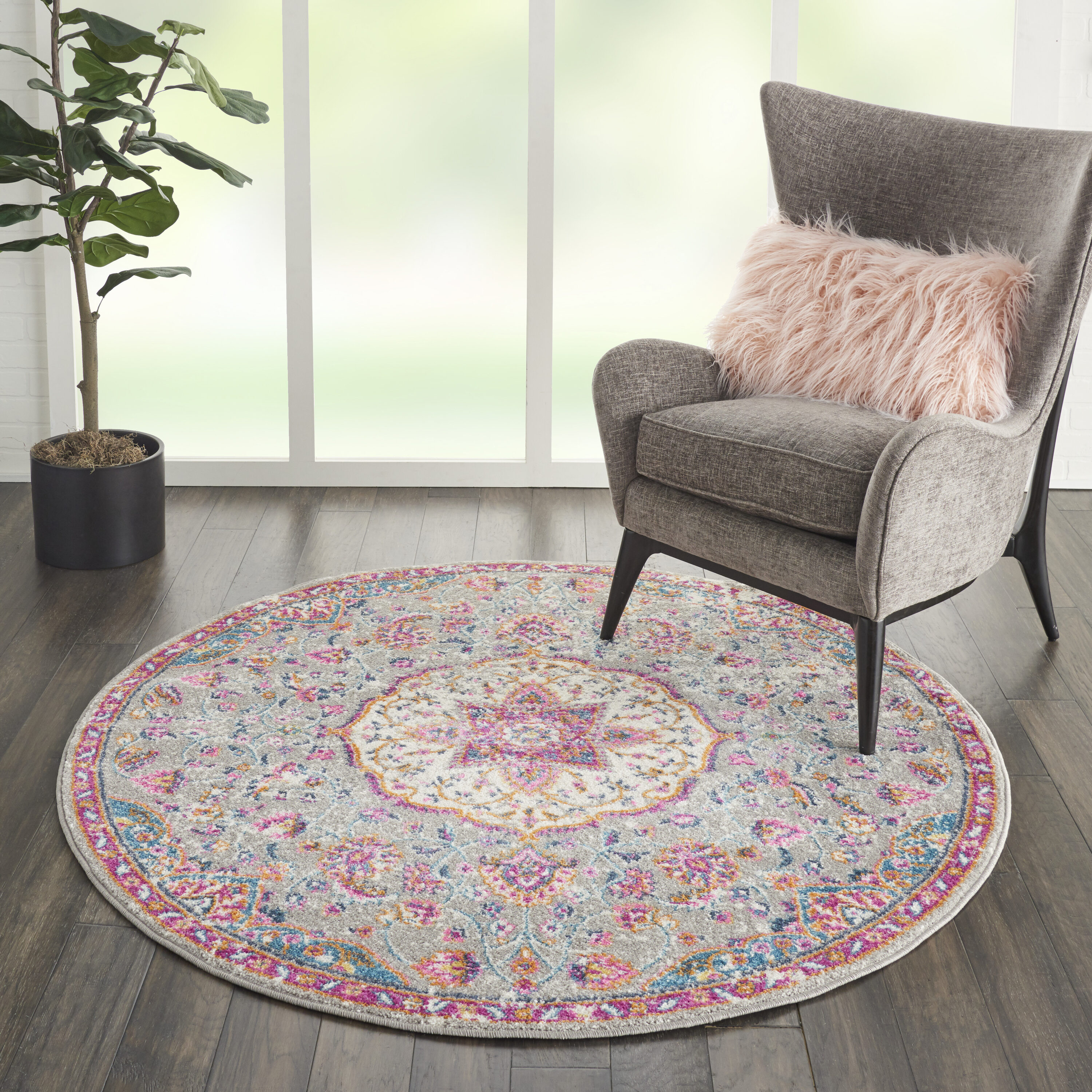 Nourison 99446717689 Passion 4 x 4 (ft) Loomed Polypropylene Grey/multi Round Indoor Abstract Area rug