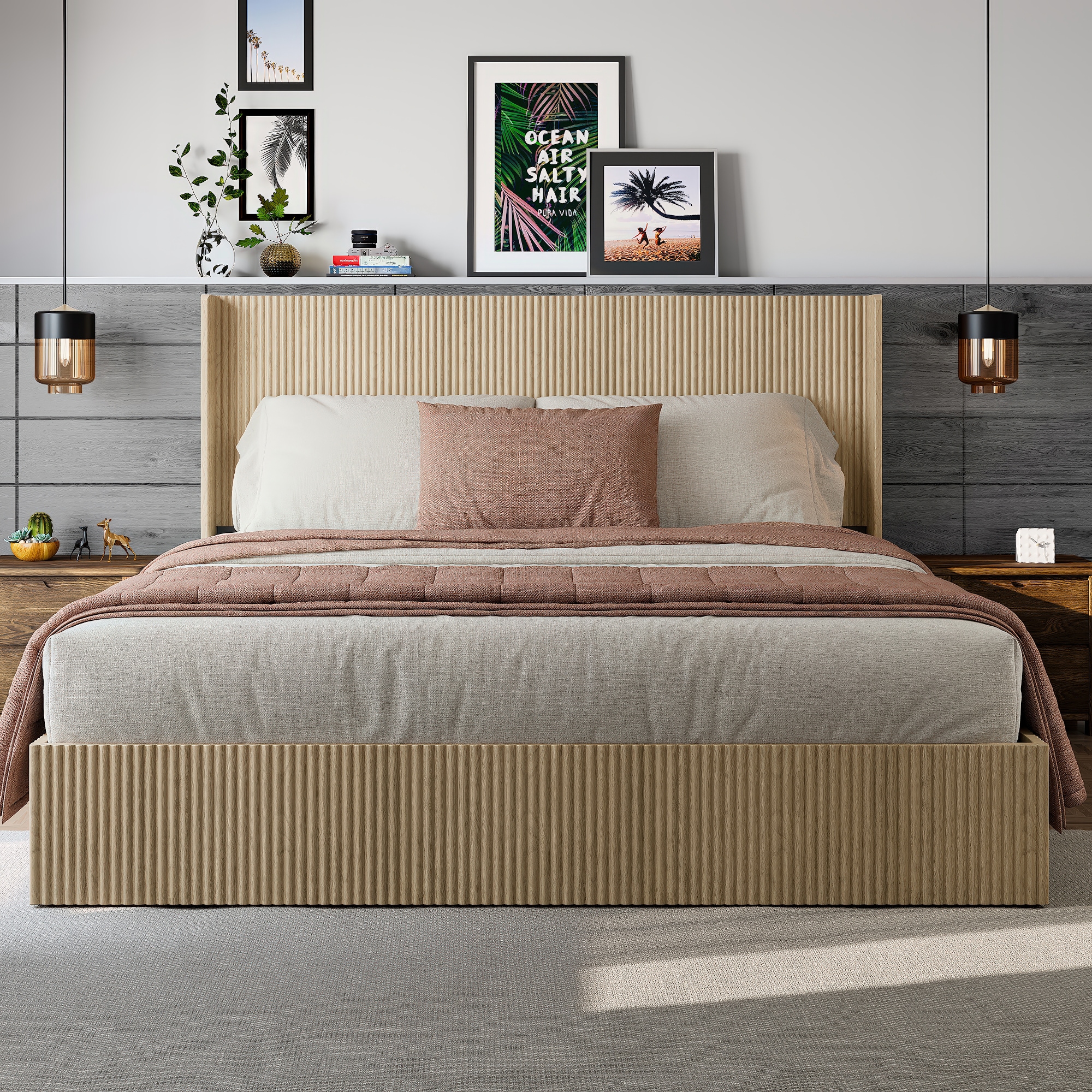 Loebelle King Size Lift Up Storage Platform Bed Frame with Headboard Oak