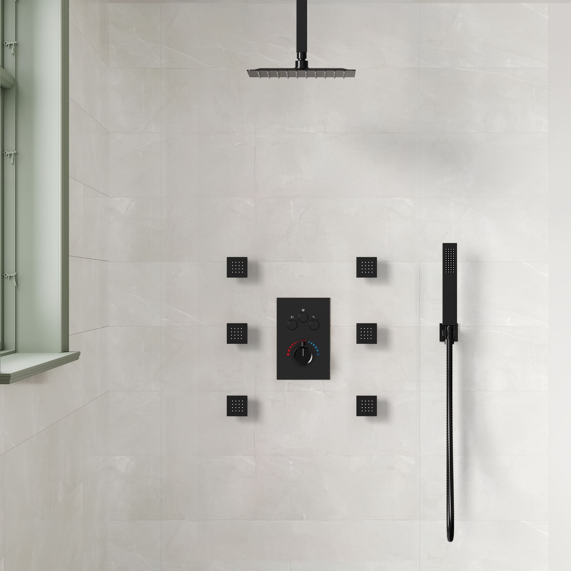 EVERSTEIN SFS1006-BK12 6 in. and 7-Spray 12 in. Thermostatic Wall Bar Shower Systems with Handheld 2.5 GPM in Matte Black(Valve Included)