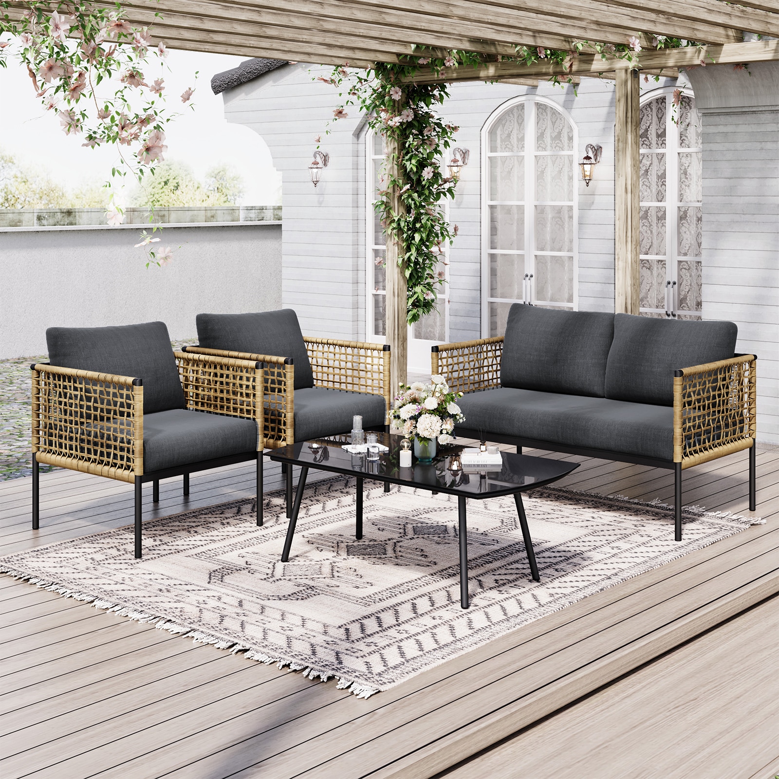 VOUA 4YTSF-GR Patio 4 -Piece Patio Conversation Set with Gray Cushions
