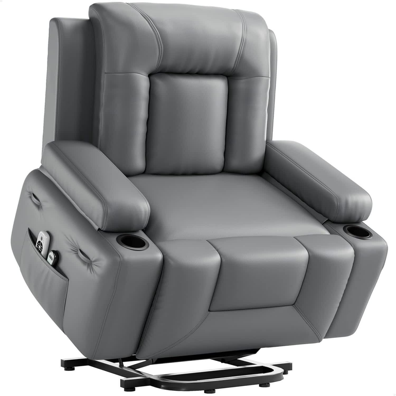 Qeetex LSHQPHO-334EF59T 27 Inch Oversized Power Lift Recliner Chair - Heat and Massage PU Leather Electric Lift Recliner Grey (Cup Holder Style)
