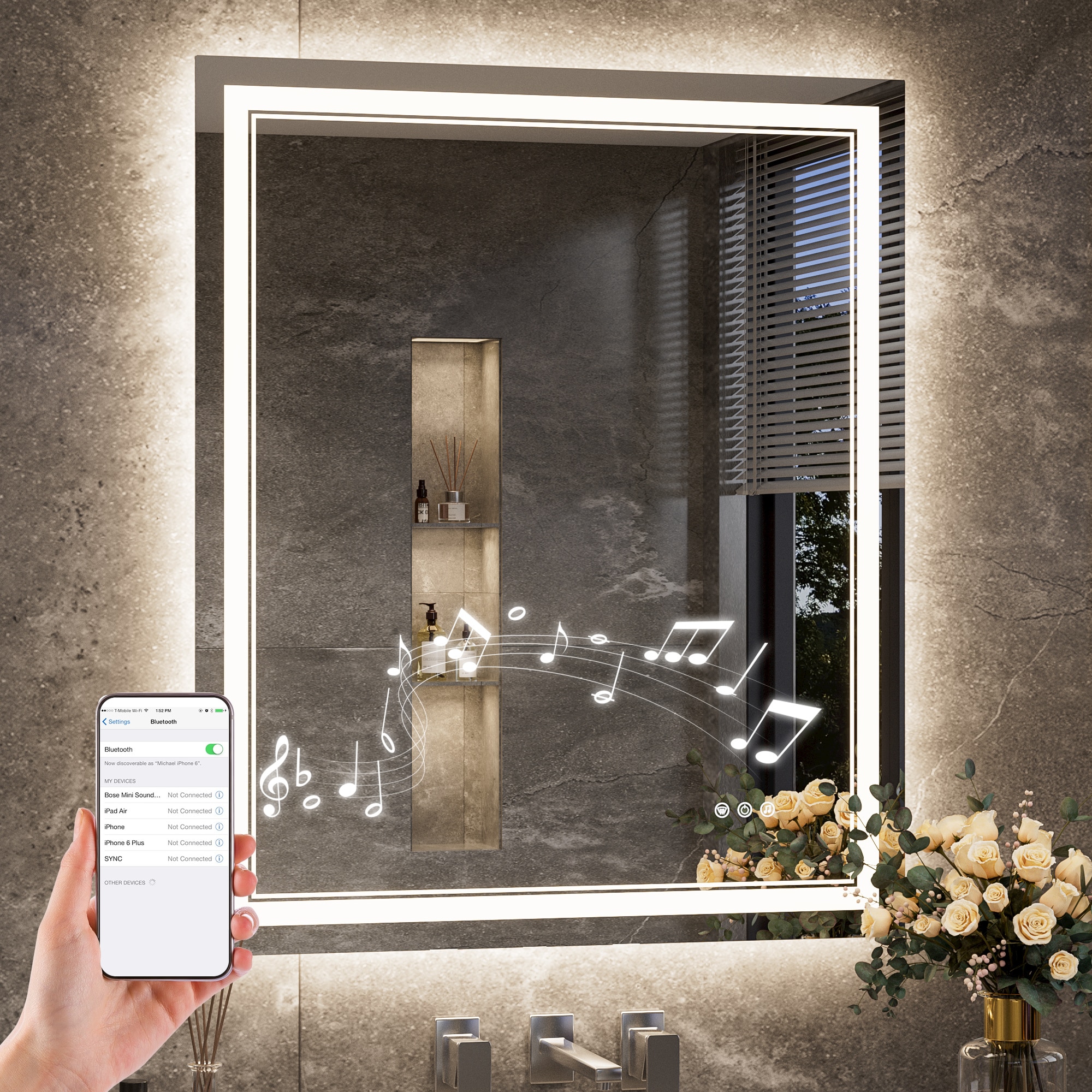 TETOTE 28x36 Inch Bluetooth Lighted Mirrors with Bluetooth Speaker Frameless Front and Backlit Dimmable Rectangle Tempered Glass Bathroom Vanity Mirror