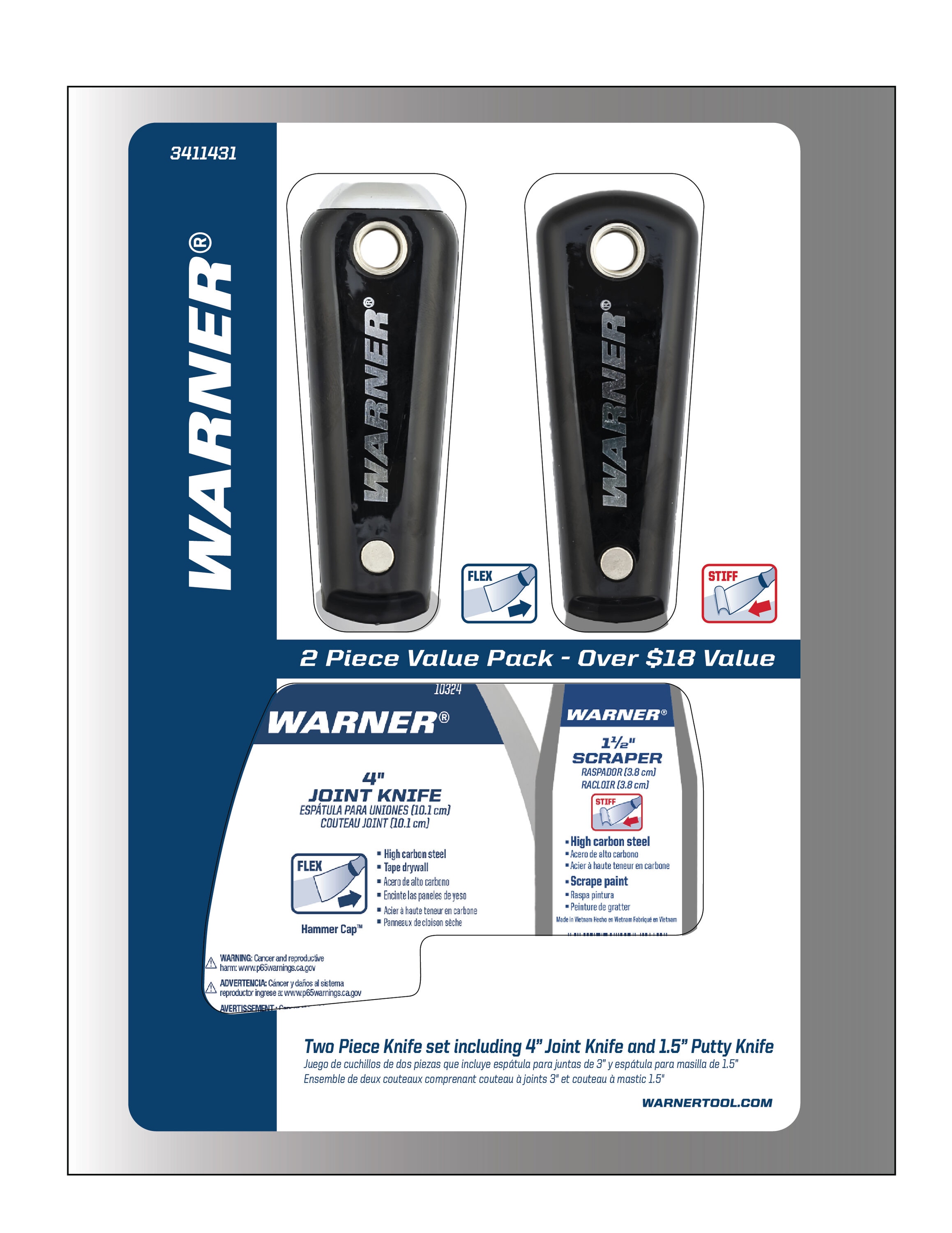 Warner 3411434 2 -Pack 1-1/2-in Steel Reusable Putty Knife