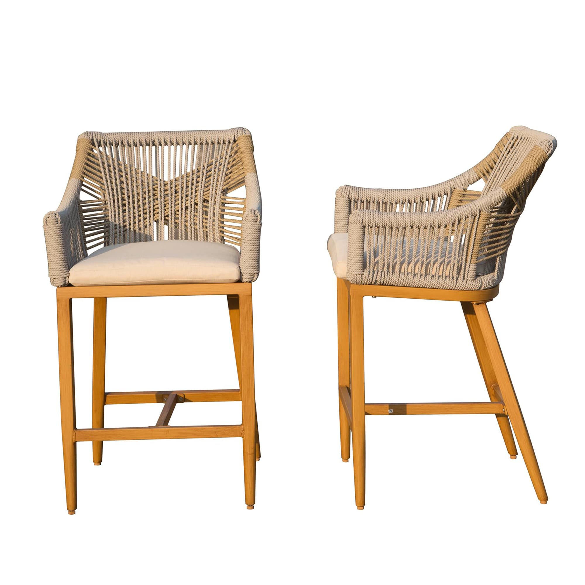 Clihome CL-CPL-97308 2 Piece Outdoor Counter Height Bar Stool Set Set of 2 Brown Aluminum Frame Stationary Bar Stool Chair with Brown Woven Seat