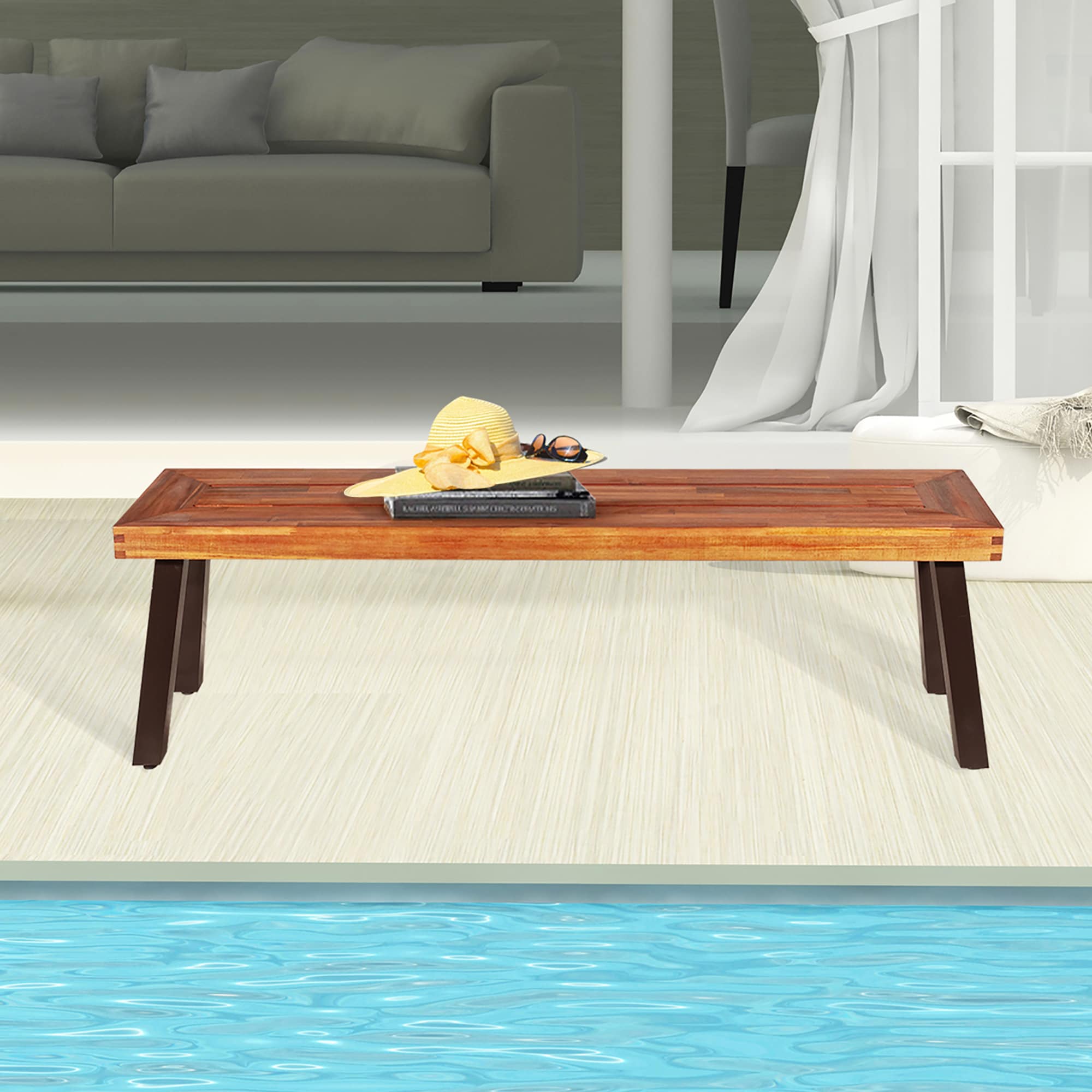 Rustic Dark Brown Acacia Wood Bench with Steel Legs