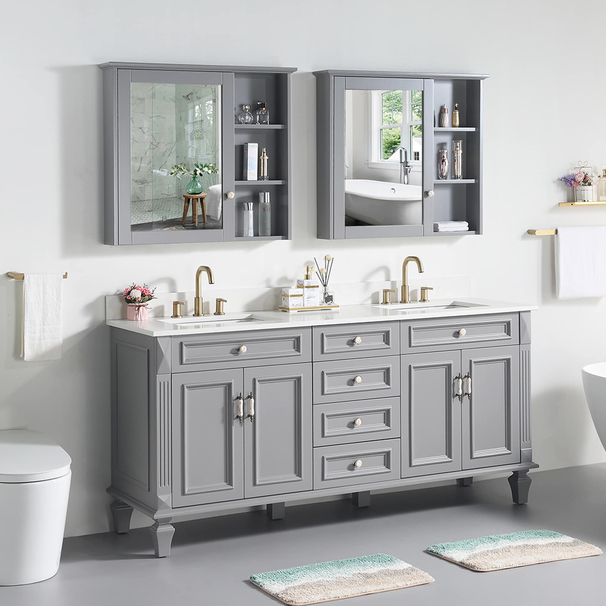 Bathroom Vanity Unit Free Standing Oak Corner Cabinet Grey Quartz