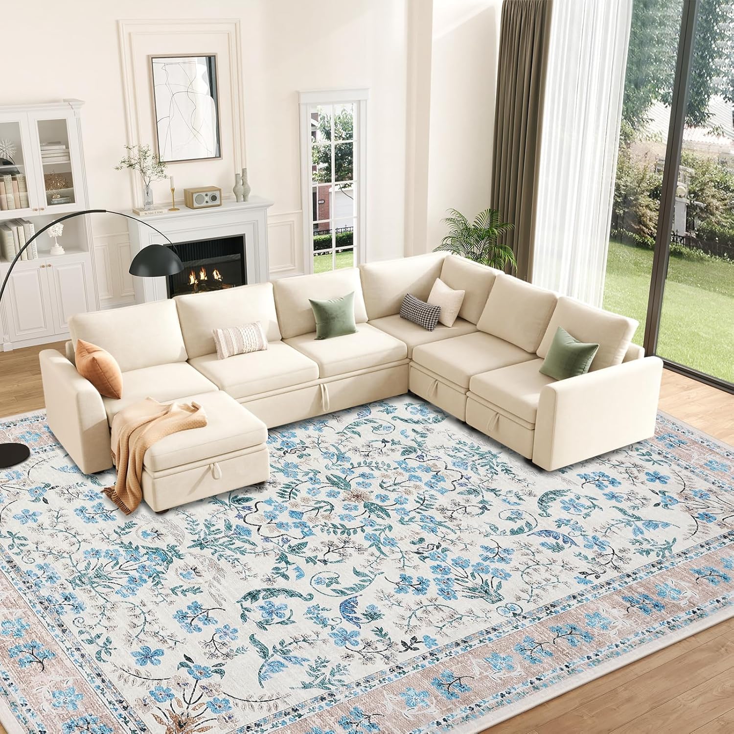 IdealHouse Washable Area Rug 8x10 Boho Floral Soft Rugs for Living Room Non Slip Low Pile Carpet for Bedroom Dining Room Nursery Hallway Blue #LUCY-RBPQ5SA2VH9T