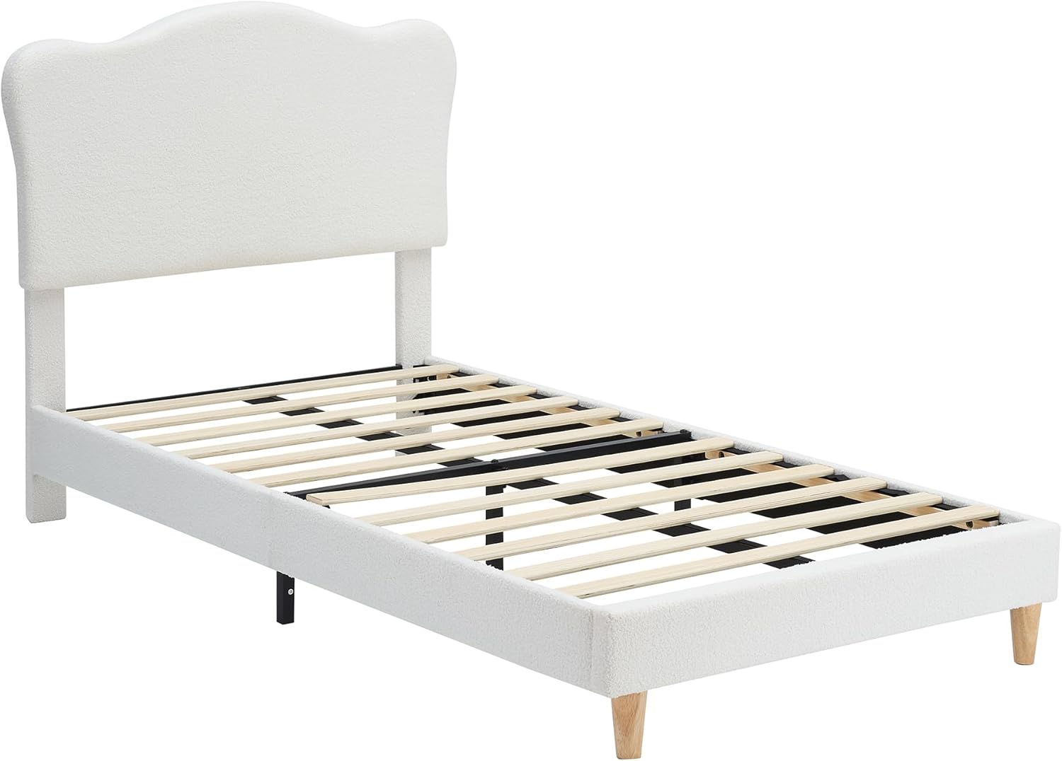 Qeetex DHZ-PHO-1502RFG6 Beige Twin Bed Frame for Kids Upholstered Platform Bed with Cute Boucle Velvet Headboard for Girls No Box Spring Needed Easy Assembly Durable Design