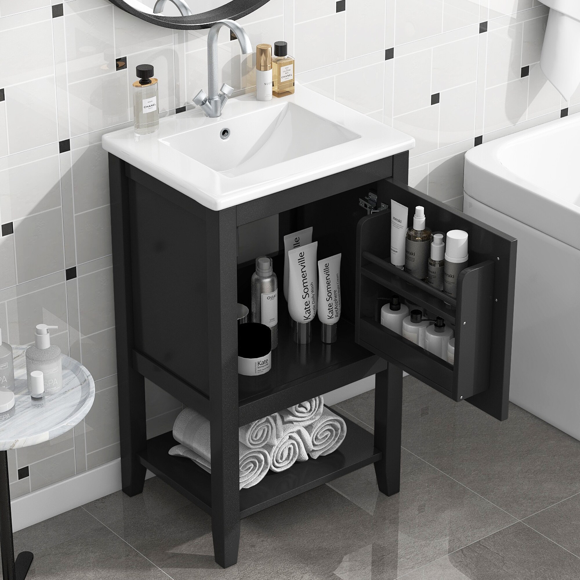 MooxvMoo 20-in Bathroom Vanity with Ceramic Sink Soft Closing Door Storage Rack Open Shelf Real Wood MDF for Bathroom Home (Black)