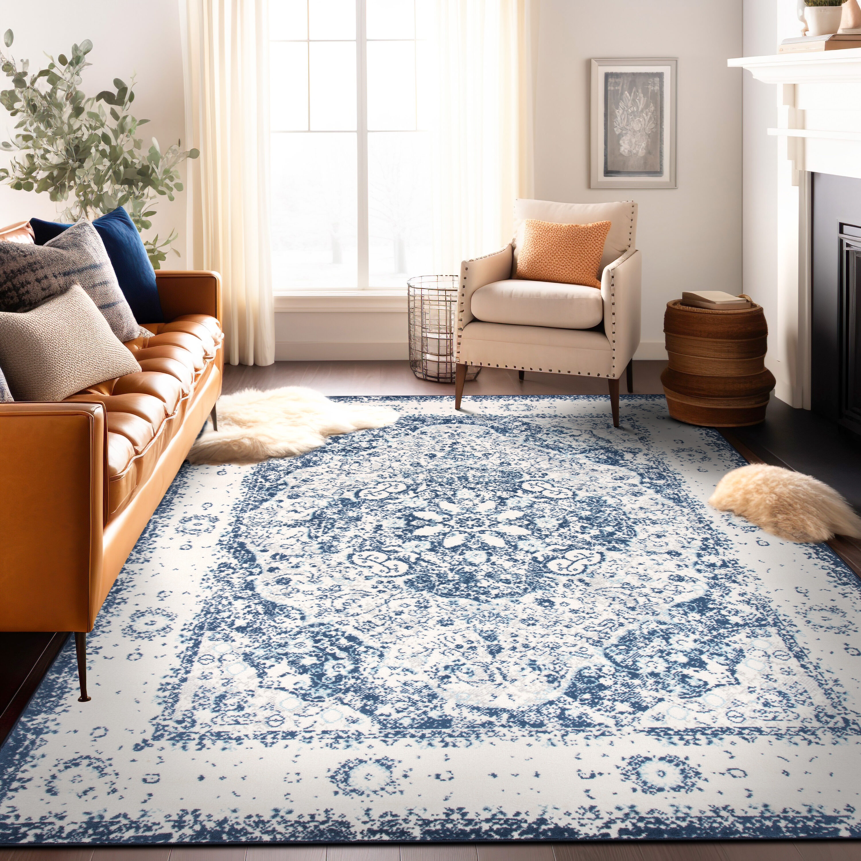 World Rug Gallery MON830BLUE5X7 Avalon 5 x 7 (ft) Loomed Polypropylene Blue Rectangular Indoor Medallion Oriental Area rug