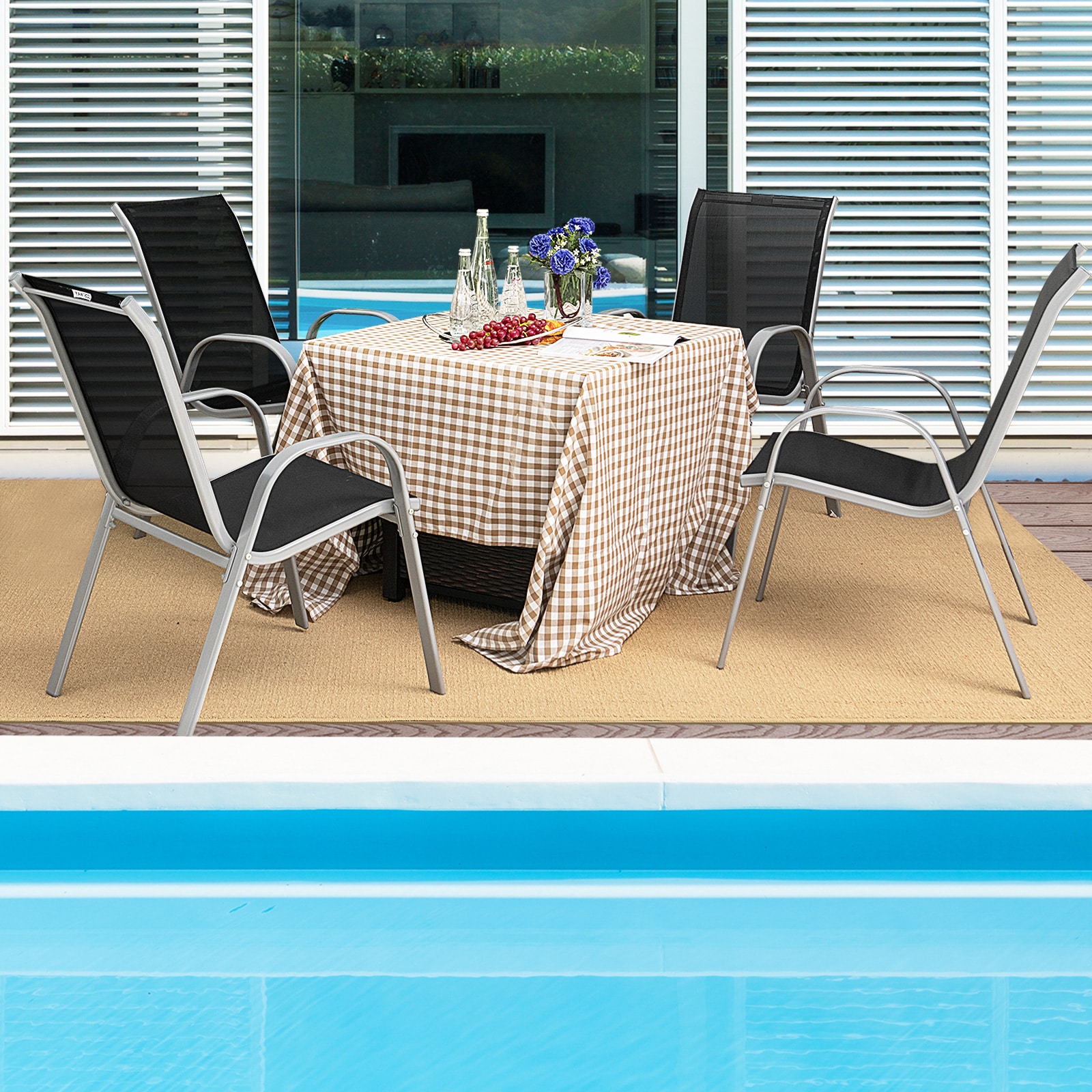 Black Stackable Outdoor Dining Chairs with Armrests, Set of 4
