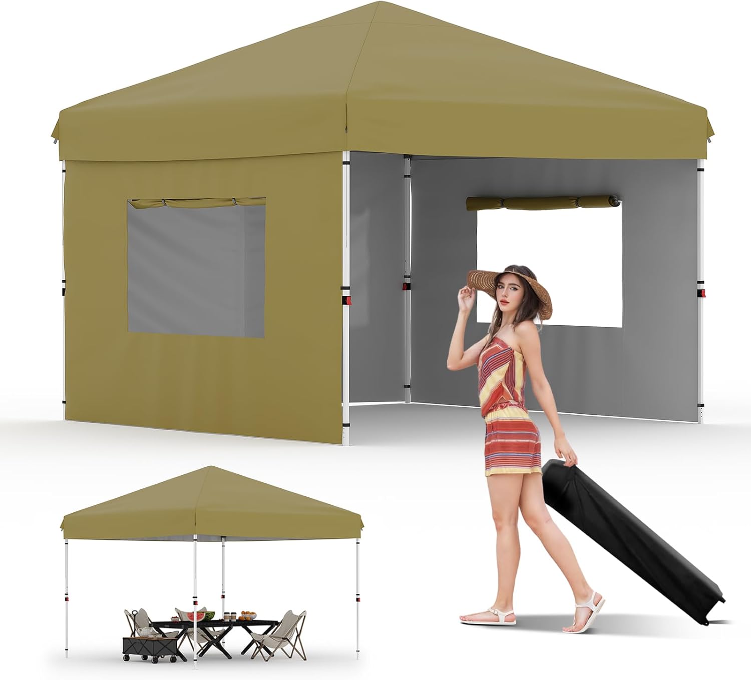 GarveeLife 10x10FT Instant Pop Up Canopy Tent with 3 Side Walls Khaki