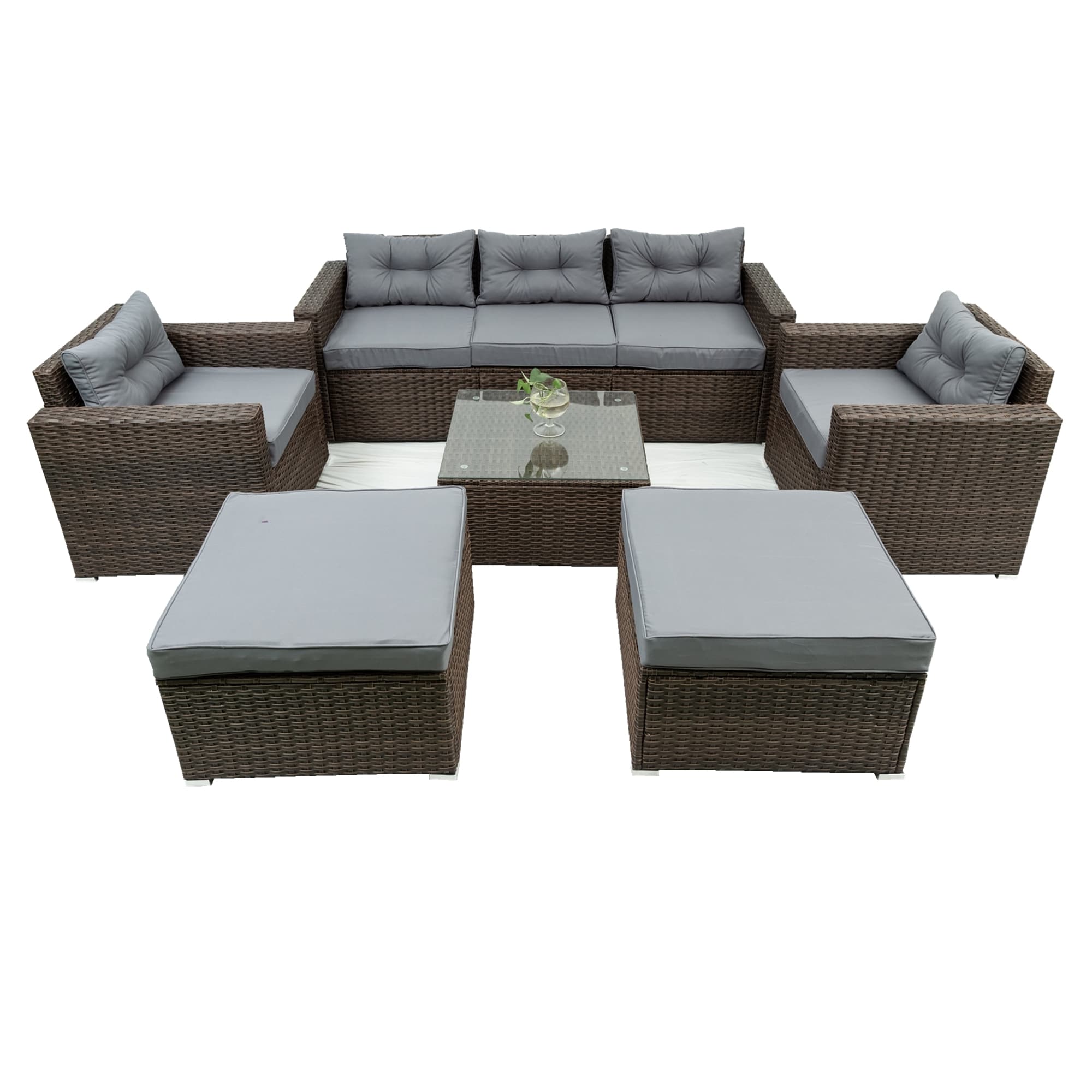 JIMSMAISON BOELEPS04BRO-GR 6 -Piece Wicker Patio Sofa Conversation Set with Gray Cushions