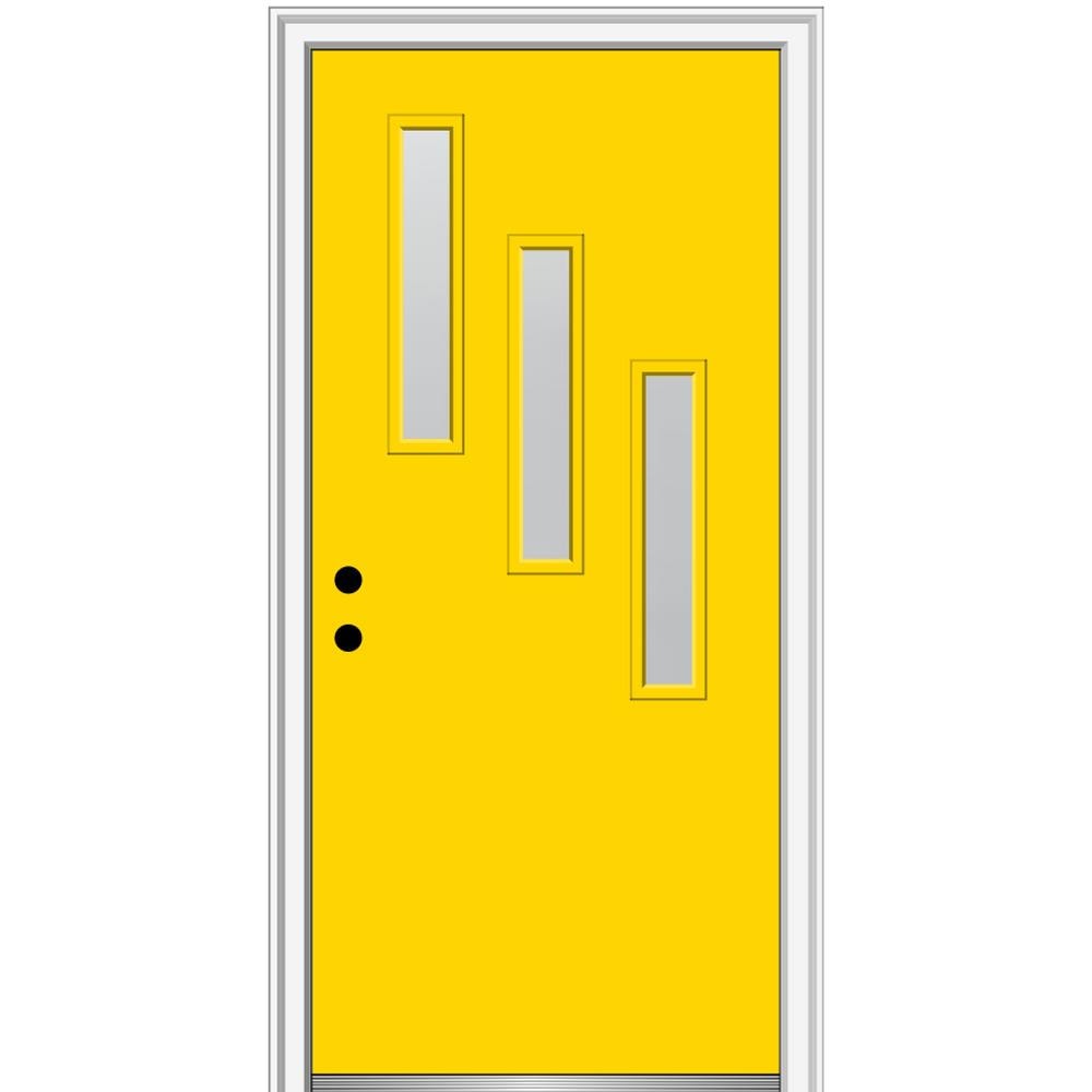 MMI DOOR ZZ348092R Spotlights 30-in x 80-in x 4-9/16-in Fiberglass Pulse lite Right-hand inswing Yellow Flash Painted Prehung Front Door with Brickmould Insulating core