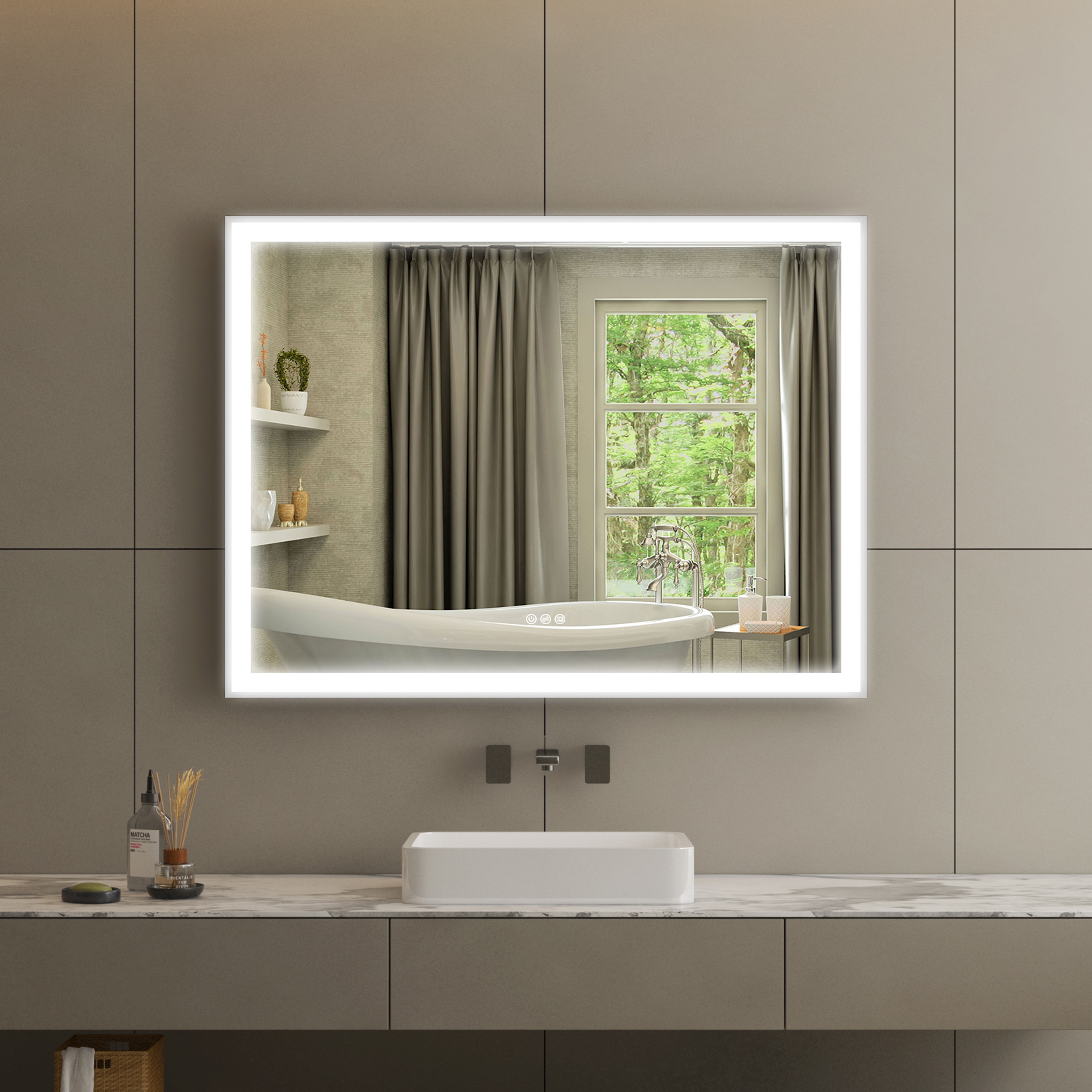 Forclover FLW-ER4836W 48-Inches x 36-Inches Framed Rectangle Dimmable Lighted Fog Free Bathroom Vanity Mirror ( White )