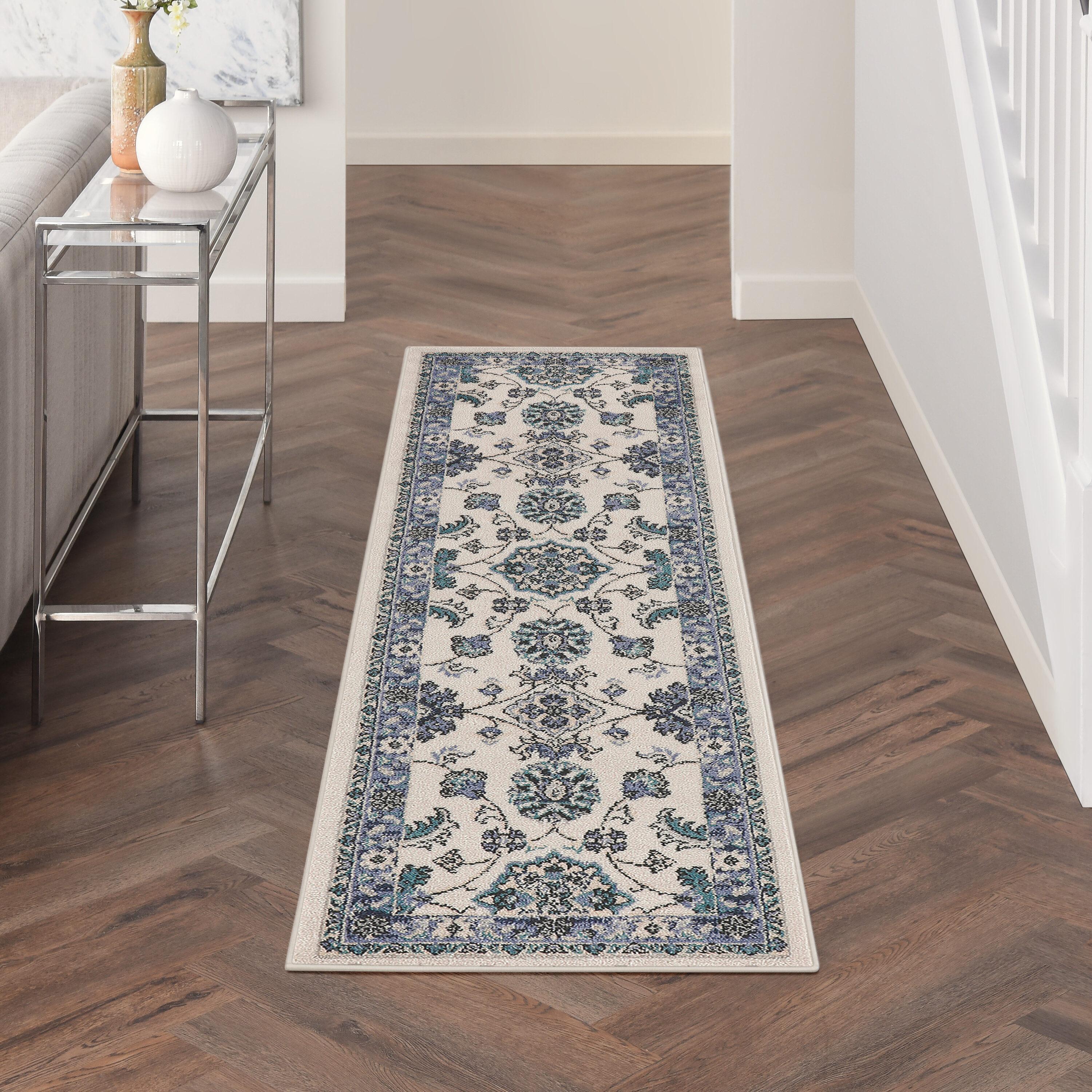Nourison Home 099446940971 Essentials 2 x 8 (ft) Loomed Polypropylene Ivory Blue Rectangular Indoor/Outdoor Medallion Runner rug