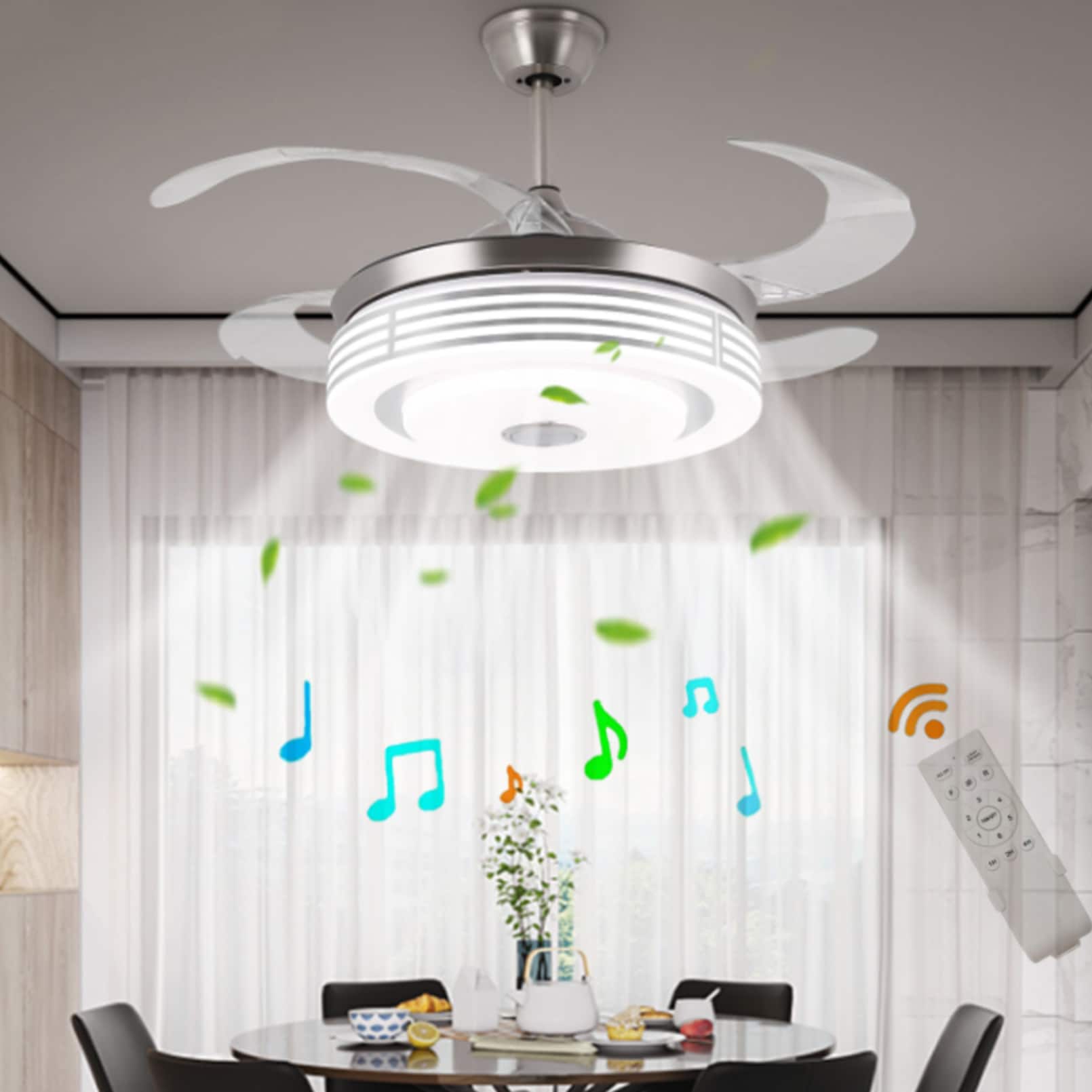 Oukaning HG-HCXLST-6392-US 42-in Color-Changing Integrated LED Silver Bluetooth with ABS Blades Chandelier Ceiling Fan With Light - Remote Included ( 4 -Blade )