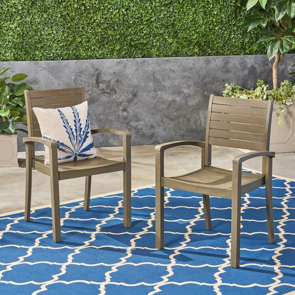 Coolbibila - Outdoor Patio Gray Acacia Wood Dining Chairs Set Of 2 Slatted Design Armrests Dining...