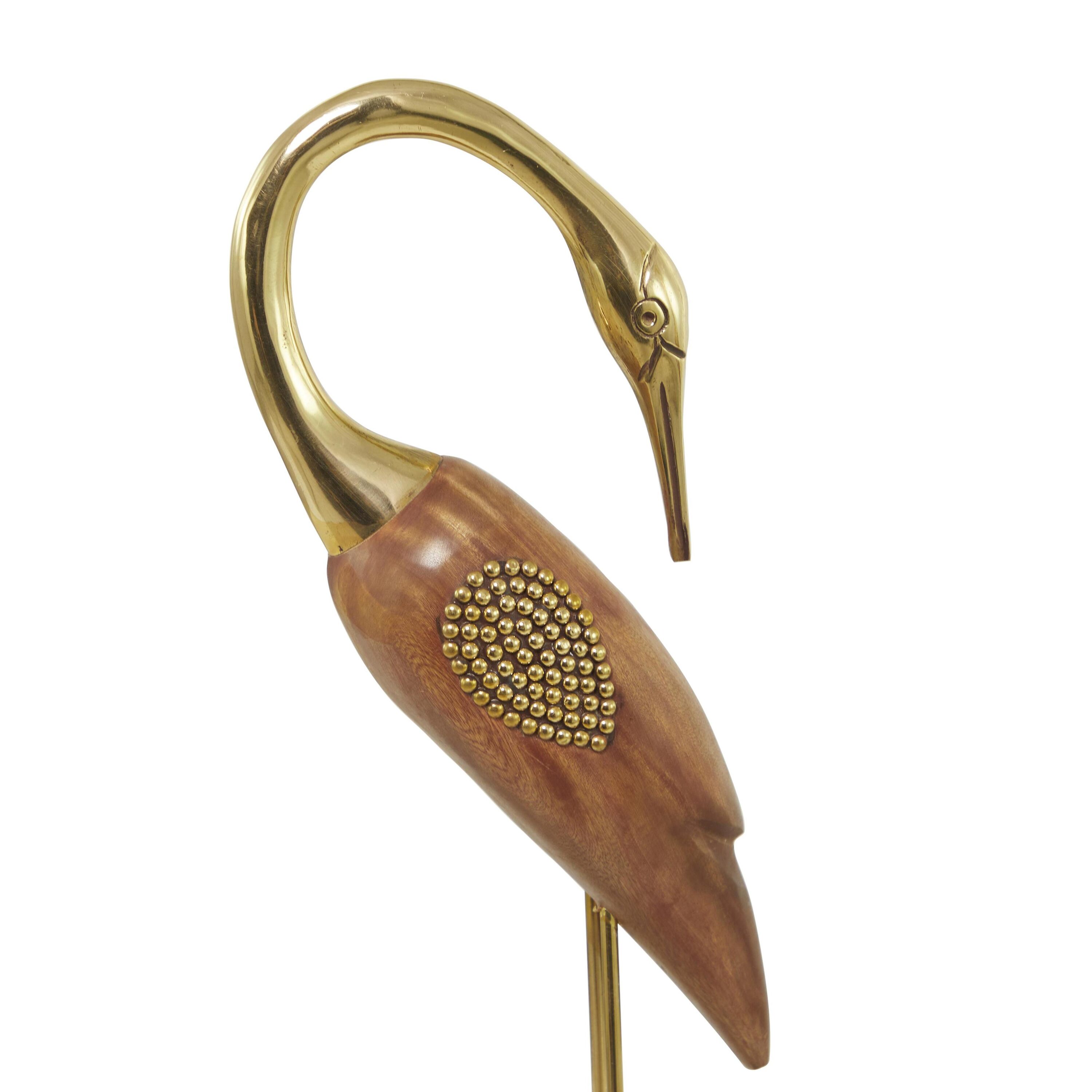 Gold and Wood Standing Egret Sculptures with Beaded Accents, 27"H