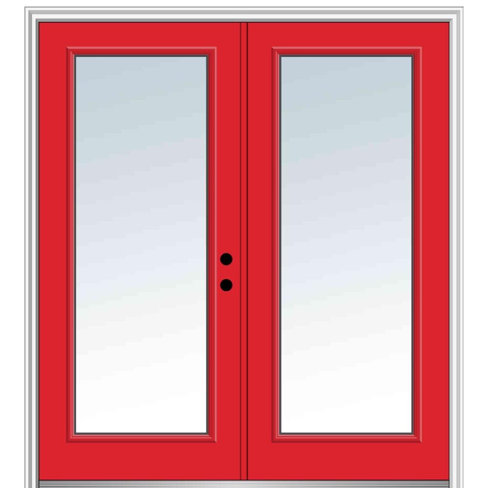 MMI DOOR ZZ24196L 72-in x 80-in x 6-9/16-in Fiberglass Full lite Left-hand inswing Red Saffron Painted Prehung Double Front Door with Brickmould Insulating core