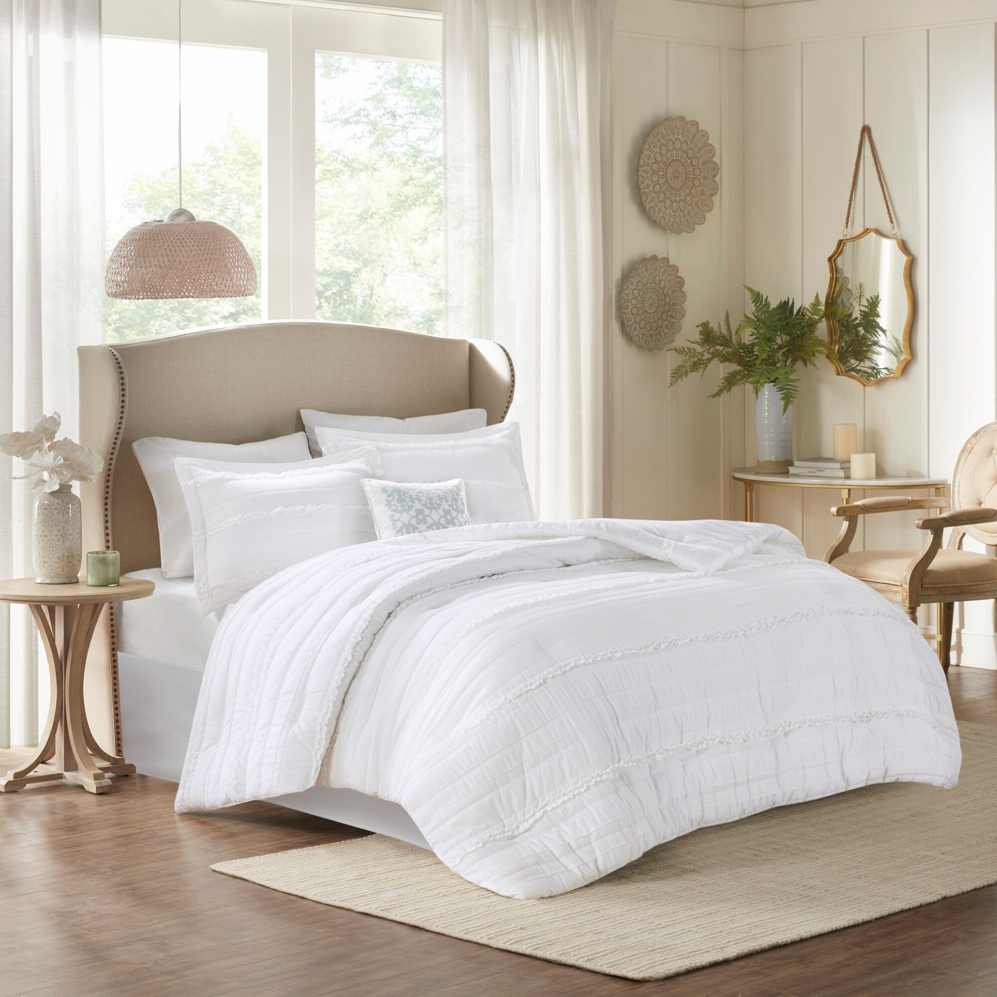 Celeste White Microfiber King Comforter Set with Ruffles