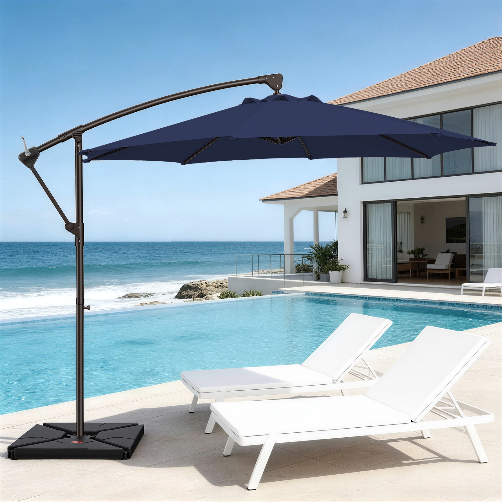 JEAREY 10-ft Steel Navy Crank Cantilever Patio Umbrella with Base