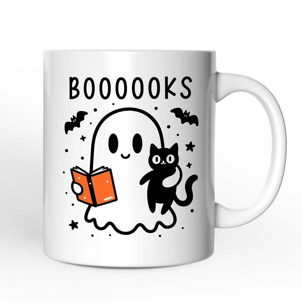 OrnamentallyYou Boooooks and Purrs Halloween Mug Cute Books and Cats Lover Ghost Gift #NPCM139