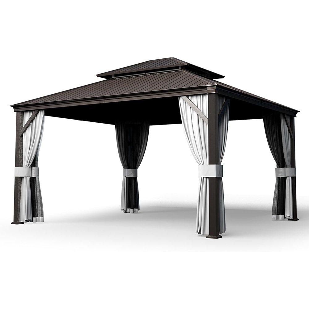  B0CTHBNHV3 12'x14' Hardtop Gazebo Aluminum Double Roof Canopy with Netting and Curtains2-Tier Hardtop Gazebo with Galvanized Iron Aluminum Frame GardenTent for Backyard Parties Garden Brown