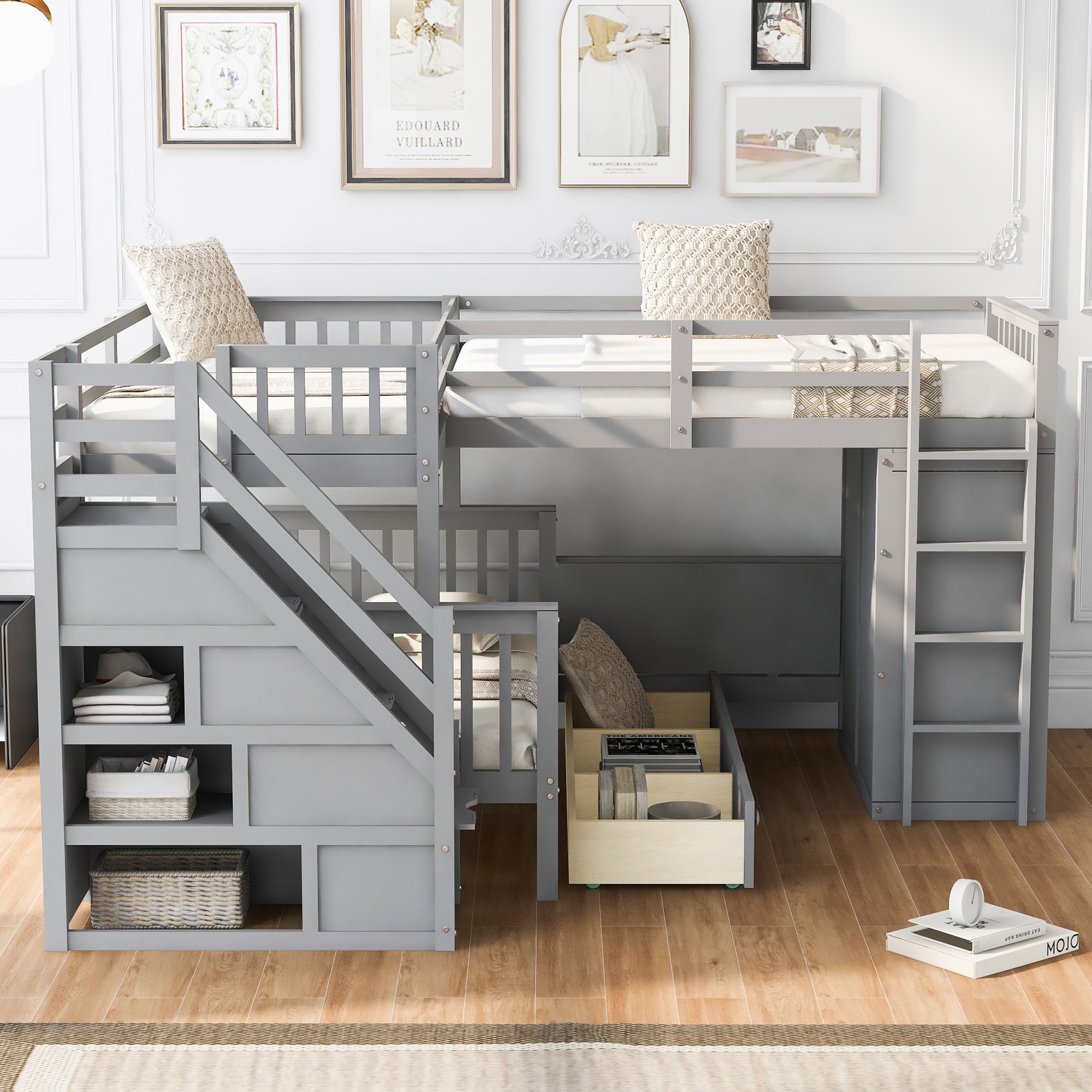 JIMSMAISON JMLFFB37GR Gray Nonstandard Wood Bed frame Bed with Storage