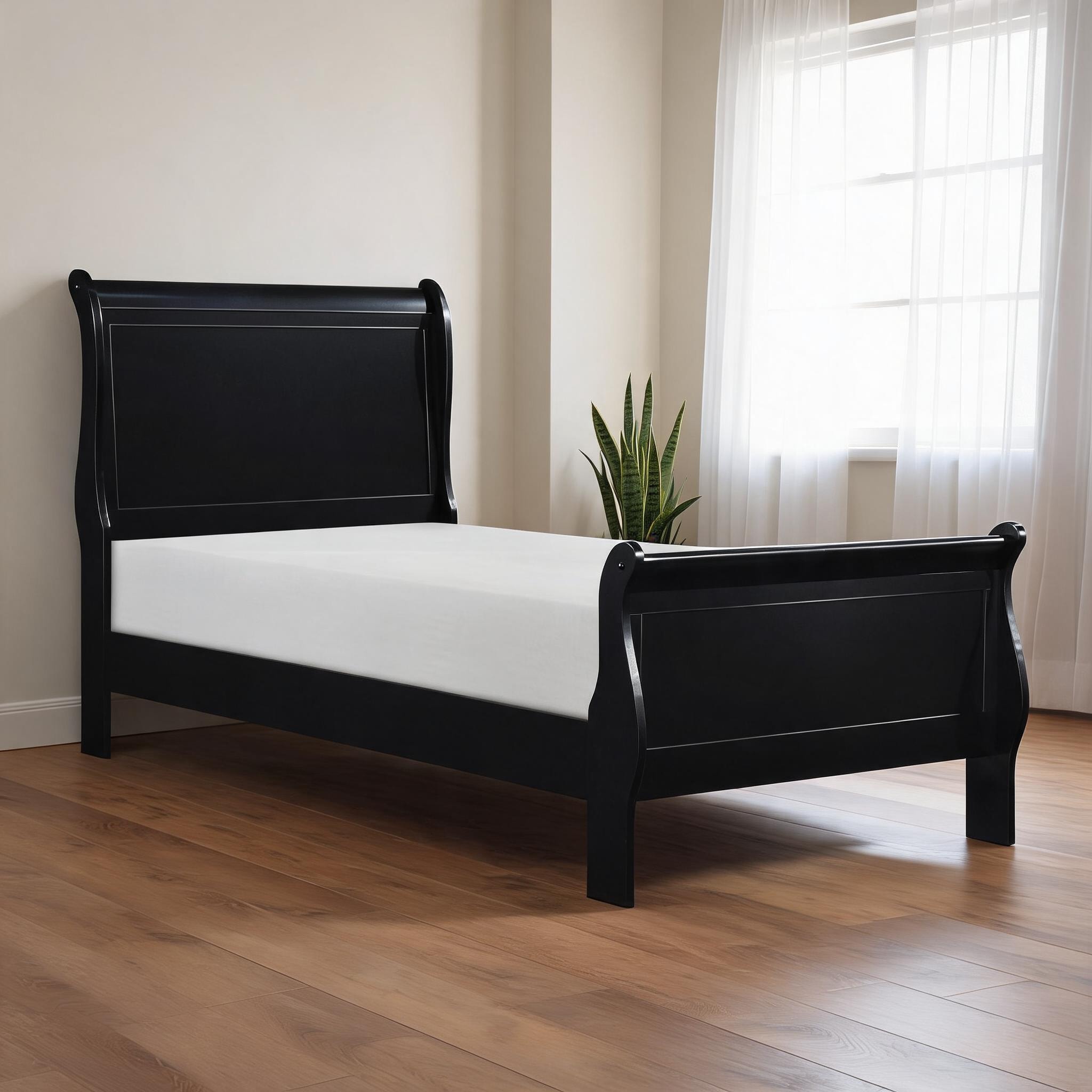 SunJet - Twin Size Wood Platform Bed with Sleek Black Finish and Traditional Louis Philippe Styling