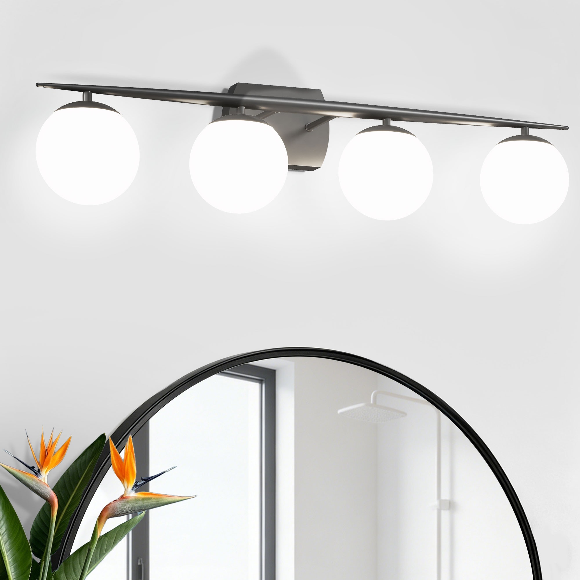 LOBREG  Matte Black Bathroom Vanity Light  34.72 in. 4-Light Indoor Wall Sconce with White Round Glass Shades for G9 Bulbs