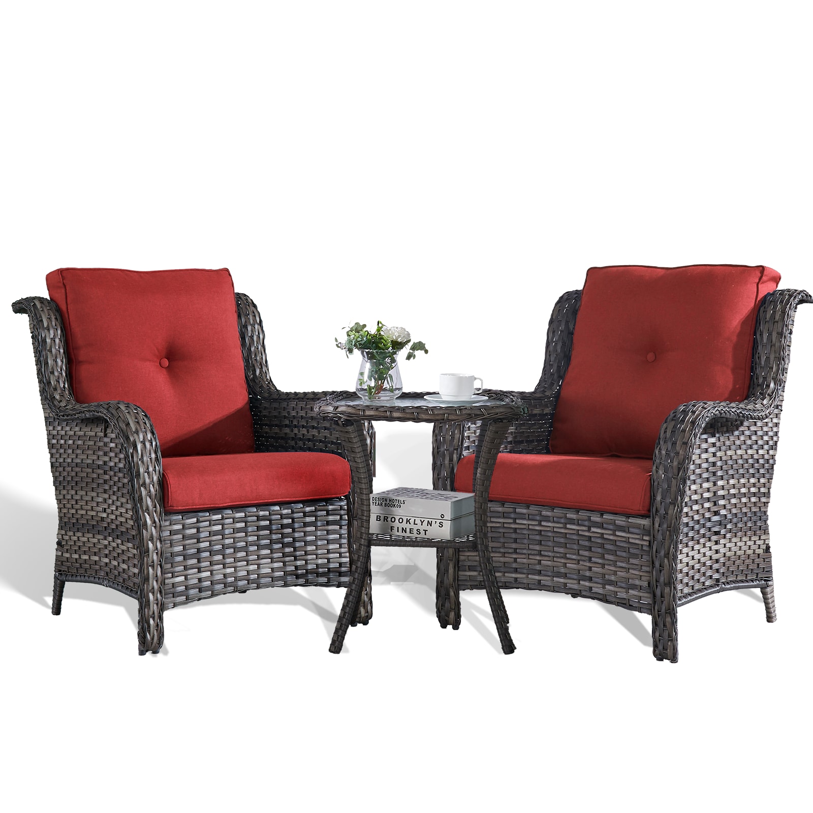 Rilyson FS017026-5 Curved handrail Set of 2 Wicker Gray Wicker Frame Stationary Conversation Chair with Red Red Cushioned Seat