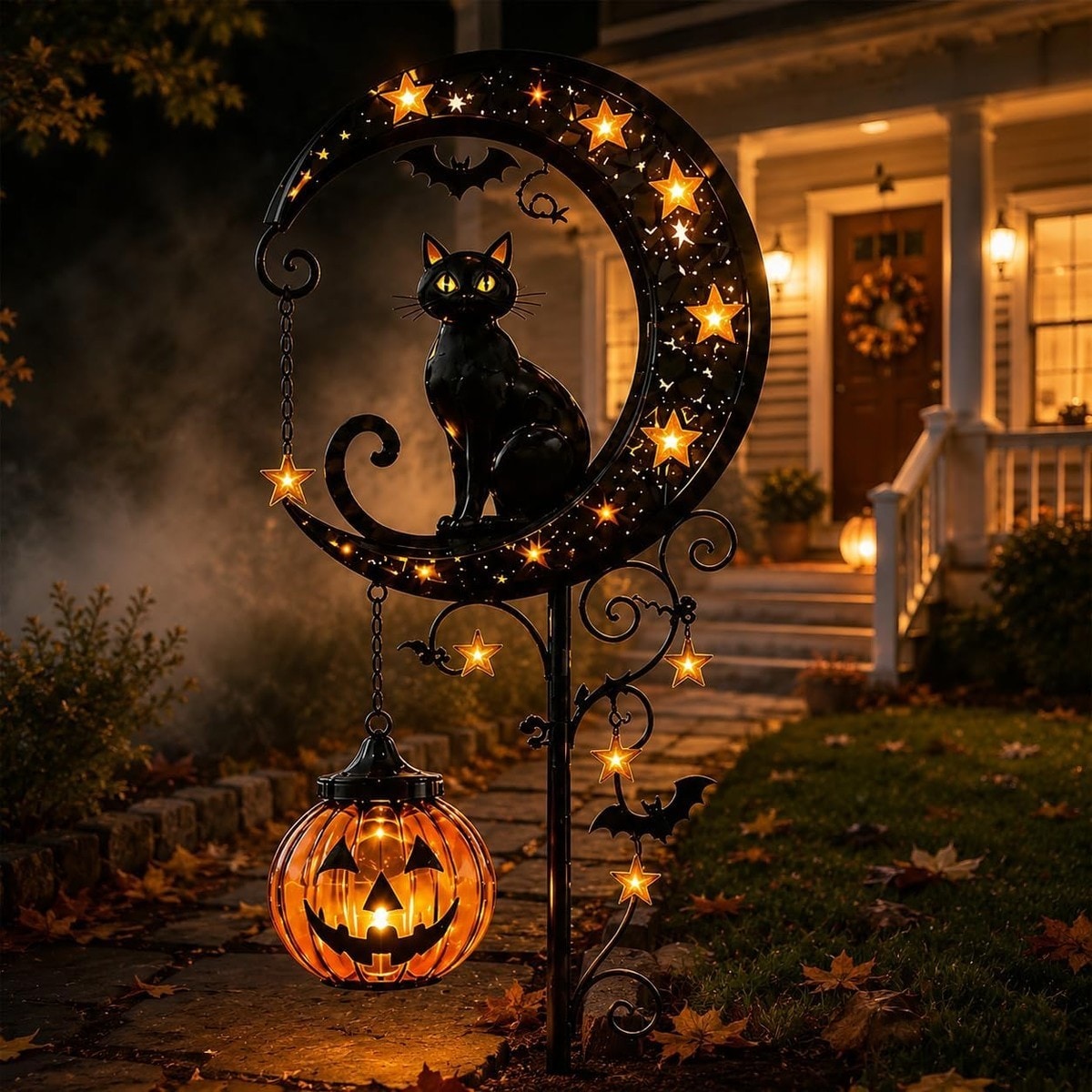 Axinabu  2 Pack Solar Halloween Garden Stake Lights with Pumpkin and Bat Design Warm Amber LED Weather Resistant Metal for Lawn Pathway Patio Yard Decor