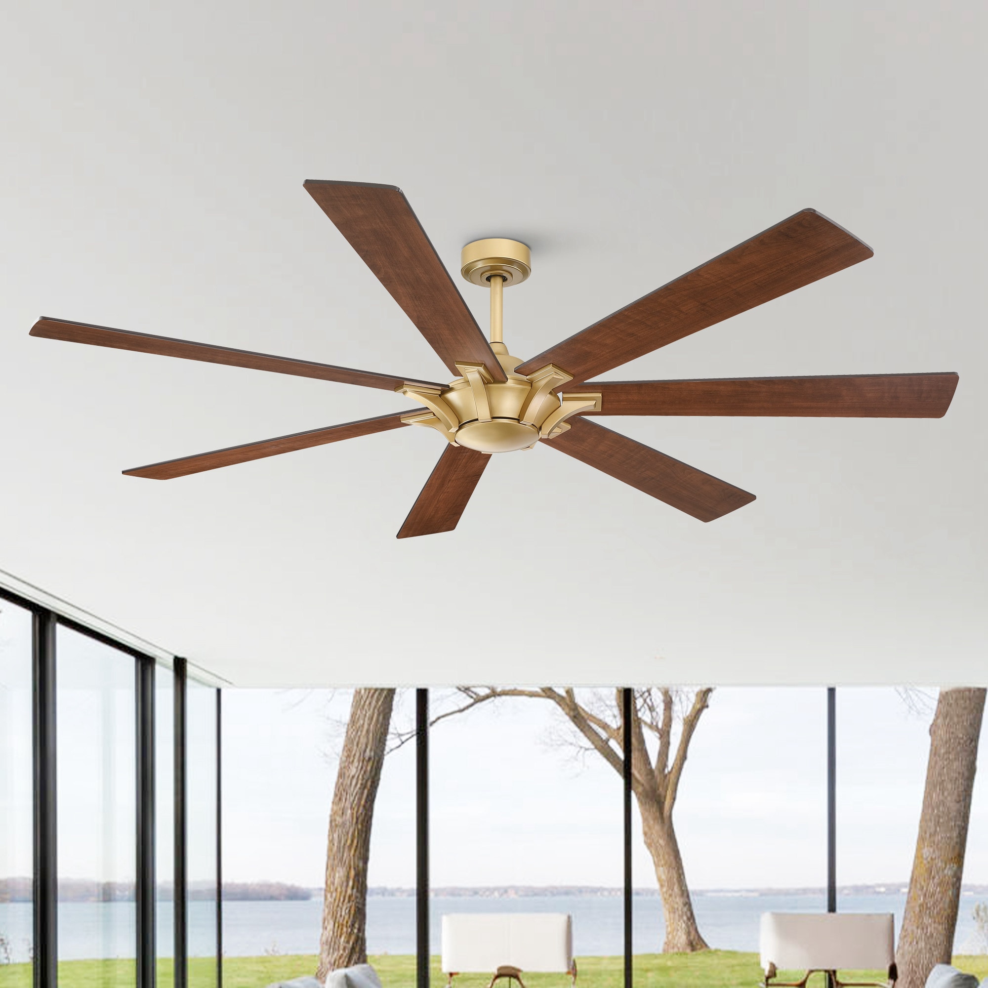 Parrot Uncle CPS1713-F-GD 72-in Outdoor Brushed Gold with Brown Blades Ceiling Fan Without Light - Remote Included ( 7 -Blade )