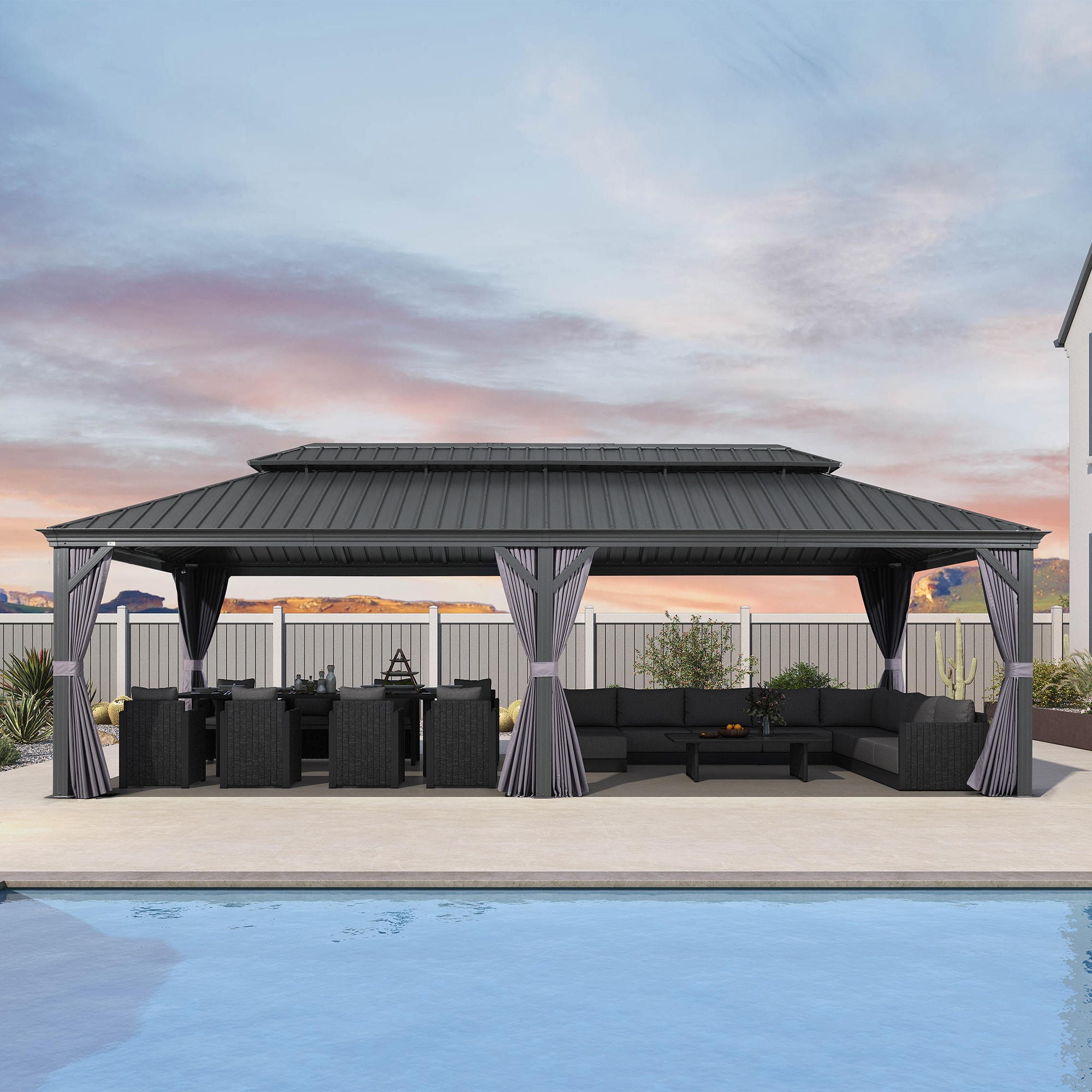 PURPLE LEAF LS04GHTG1428-H 14-ft x 28-ft Permanent Hardtop Gazebo Gray Gazebo with Hardtop Roof (Screen Included)