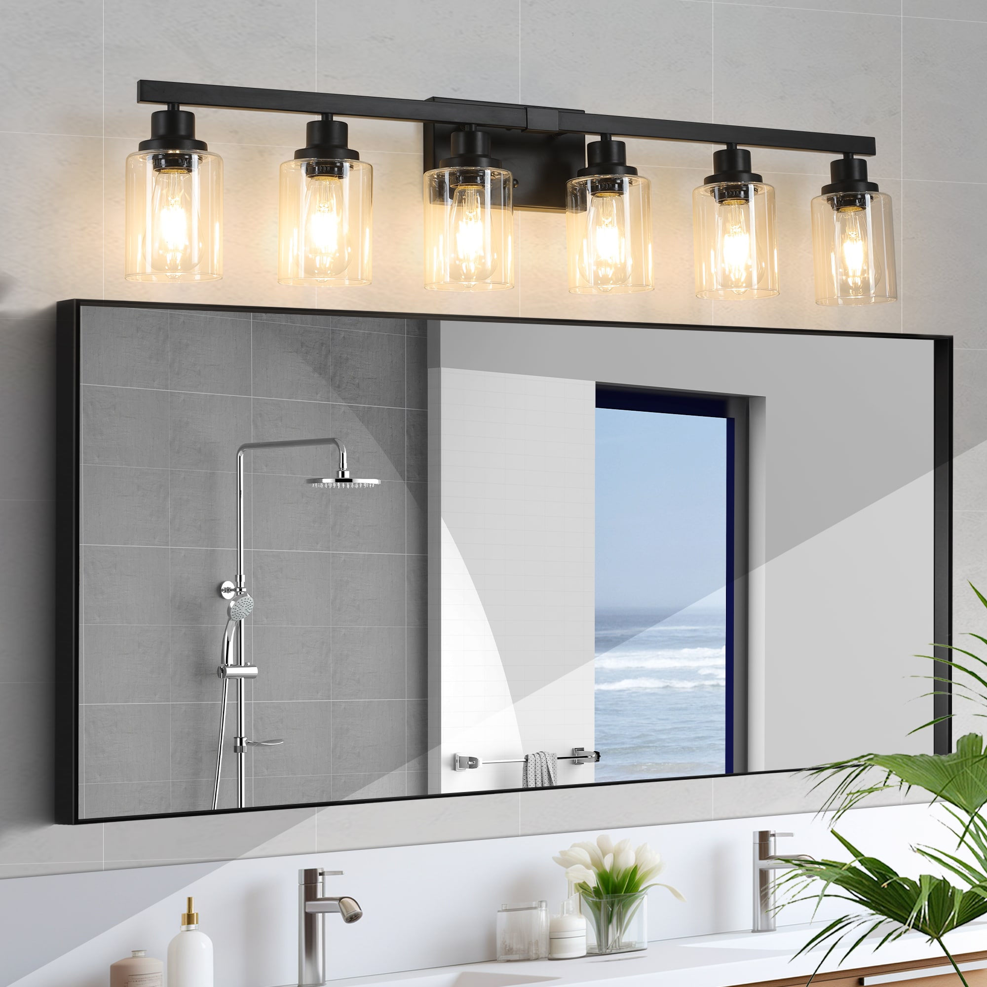 Dimakai Black Bathroom Vanity Light 37 Inch 6 Light Industrial Style with Clear Glass Shades