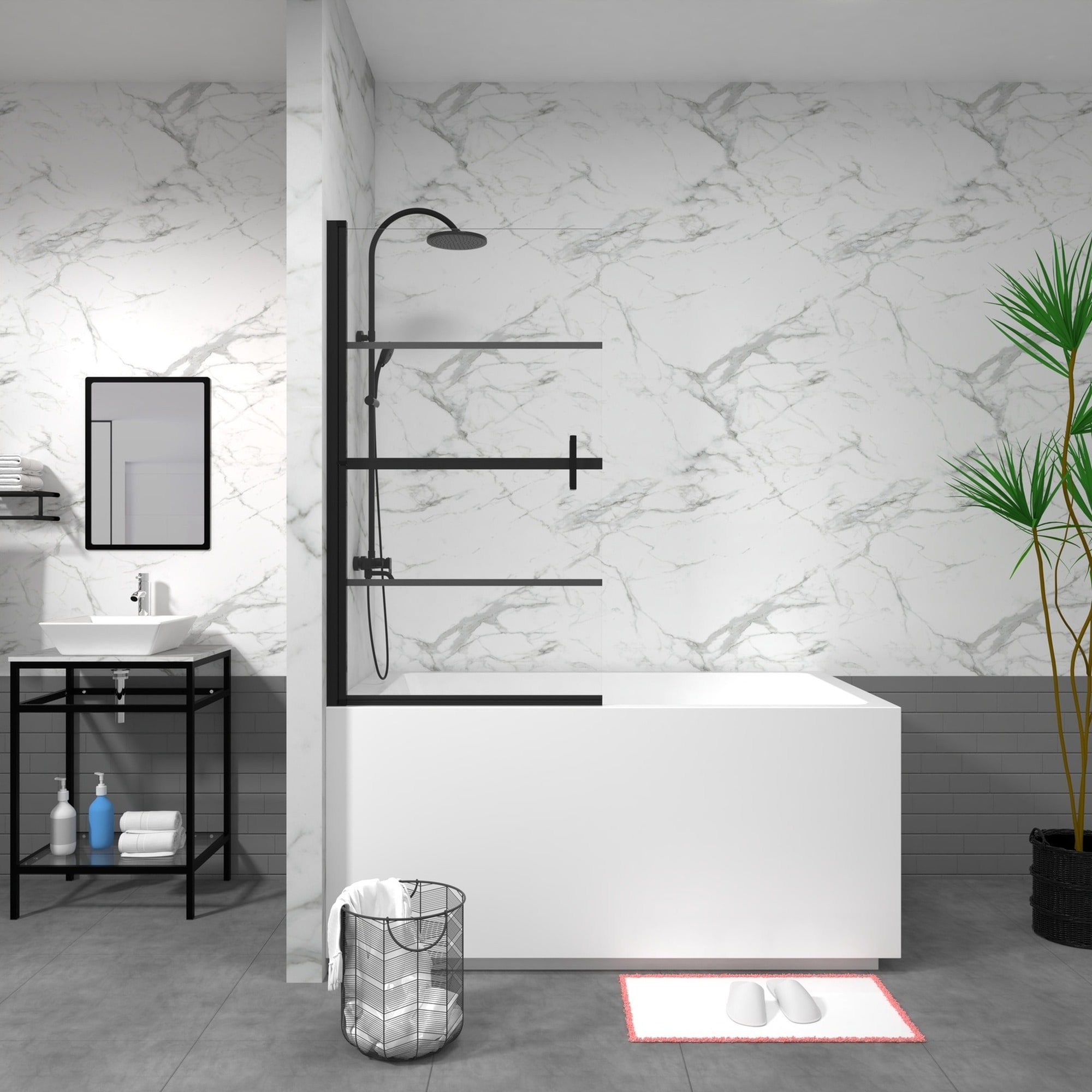 IAK - 55 inch x 32 inch Black Glass and Metal Bathtub Screen Panel Shower Door with 180 Degree Pivot