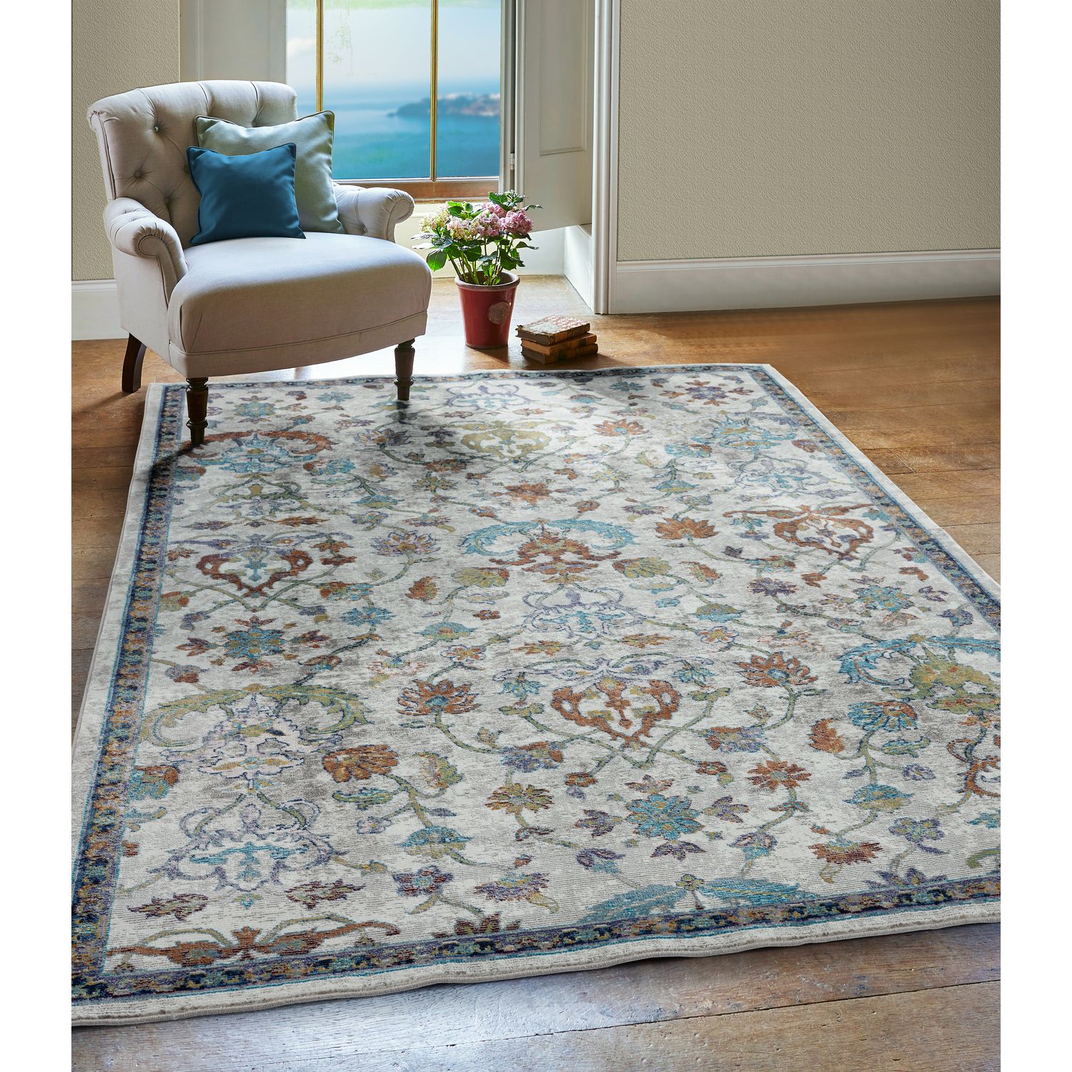LR Home 7950A5084934J8 9 X 12 (ft) Ivory/Blue Indoor Floral/Botanical Area Rug