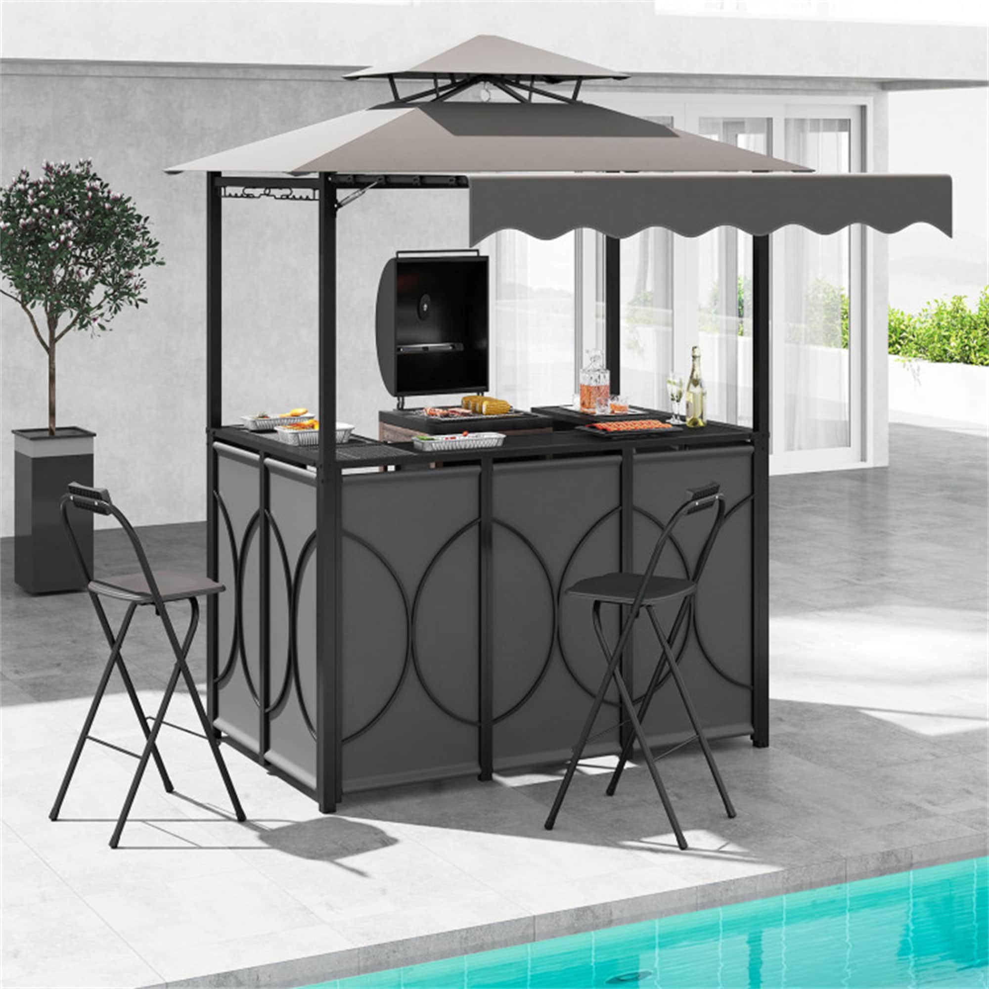BABOOM 6.3 x 4 x 8 ft Grill Gazebo with Awning Gray Patio Bar