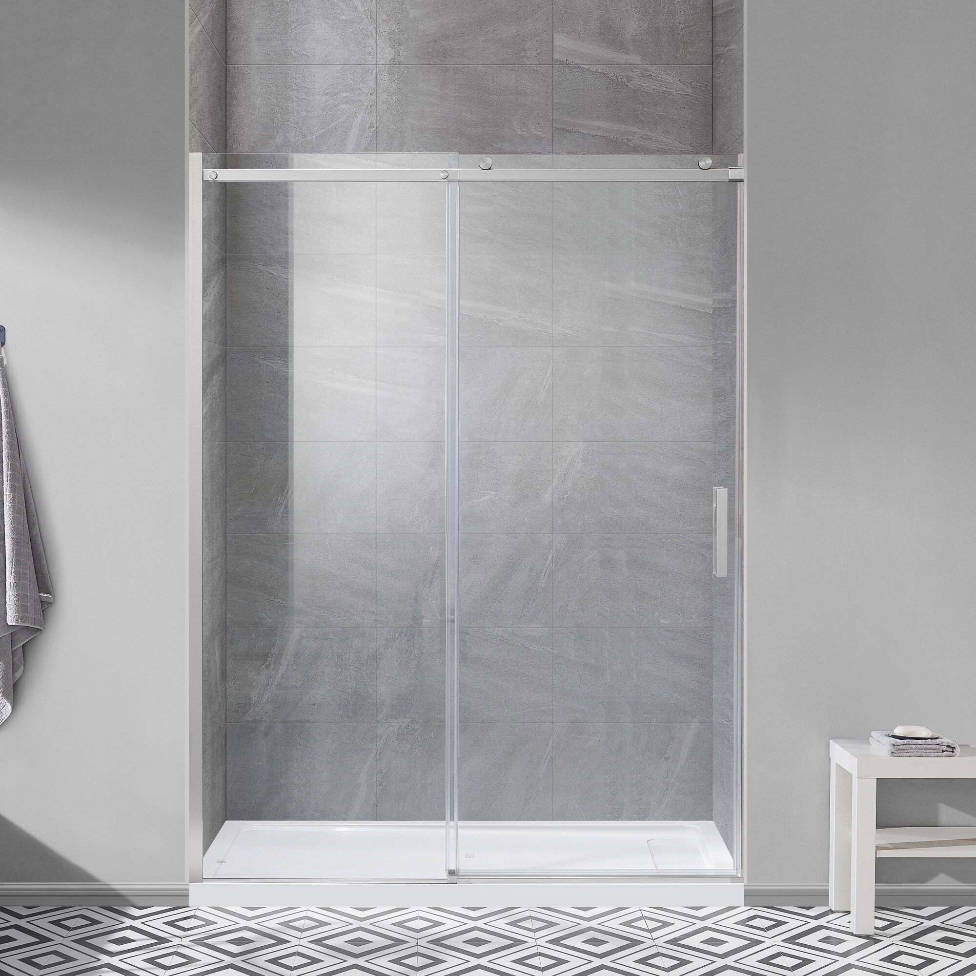 allen + roth Davidson Satin Nickel 55-11/16-in to 60-1/16-in W x 78.75-in H Frameless Sliding Shower Door