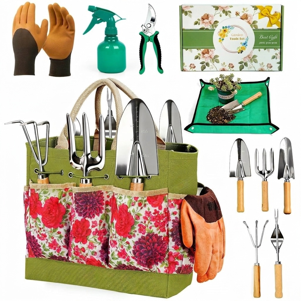 Afoxsos -  10 Piece Stainless Steel Garden Tool Set with Tote Bag Includes Trowels Forks Rake Pru...
