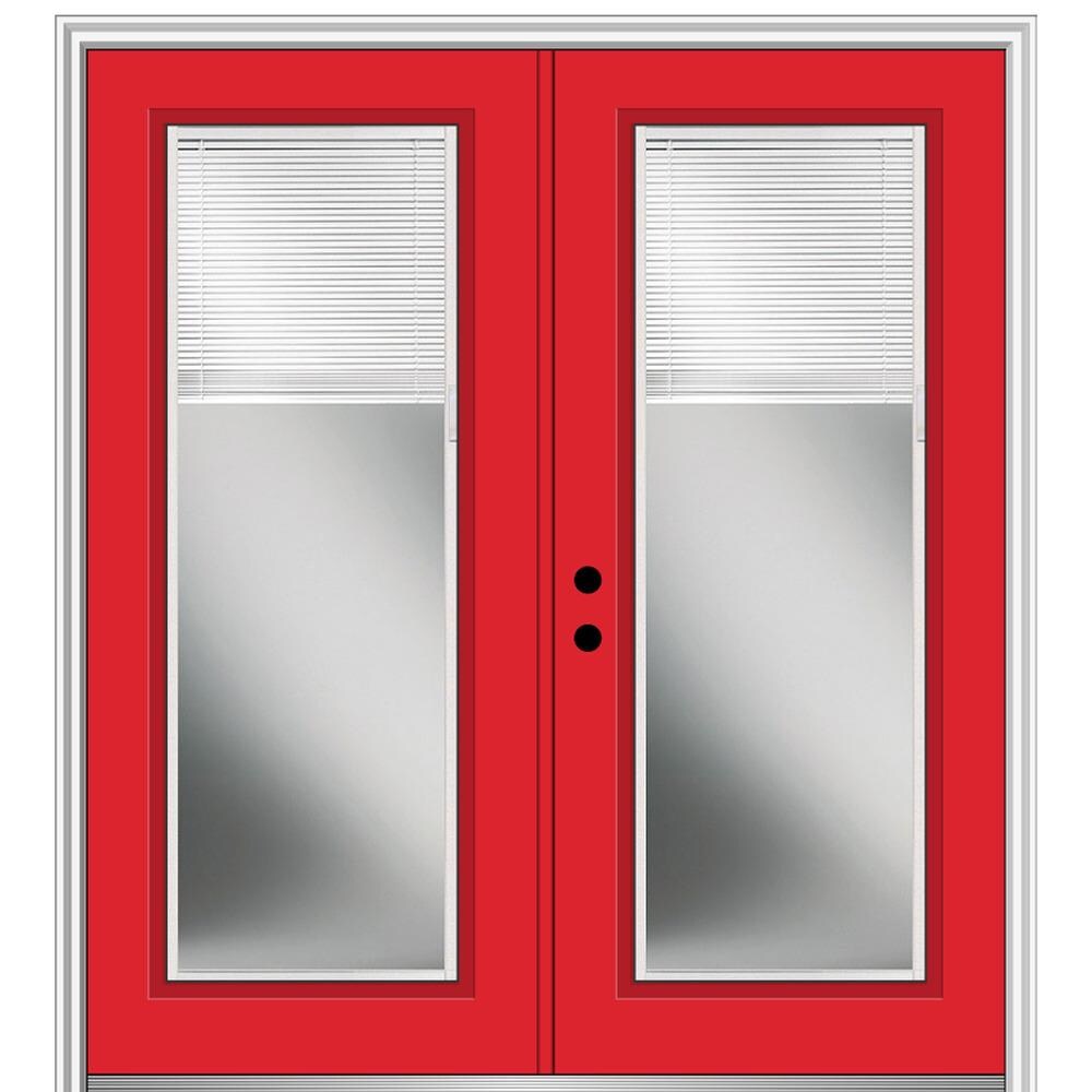 MMI DOOR ZZ24860R 72-in x 80-in x 4-9/16-in Fiberglass Full lite Right-hand inswing Red Saffron Painted Prehung Double Front Door with Brickmould Insulating core with Blinds